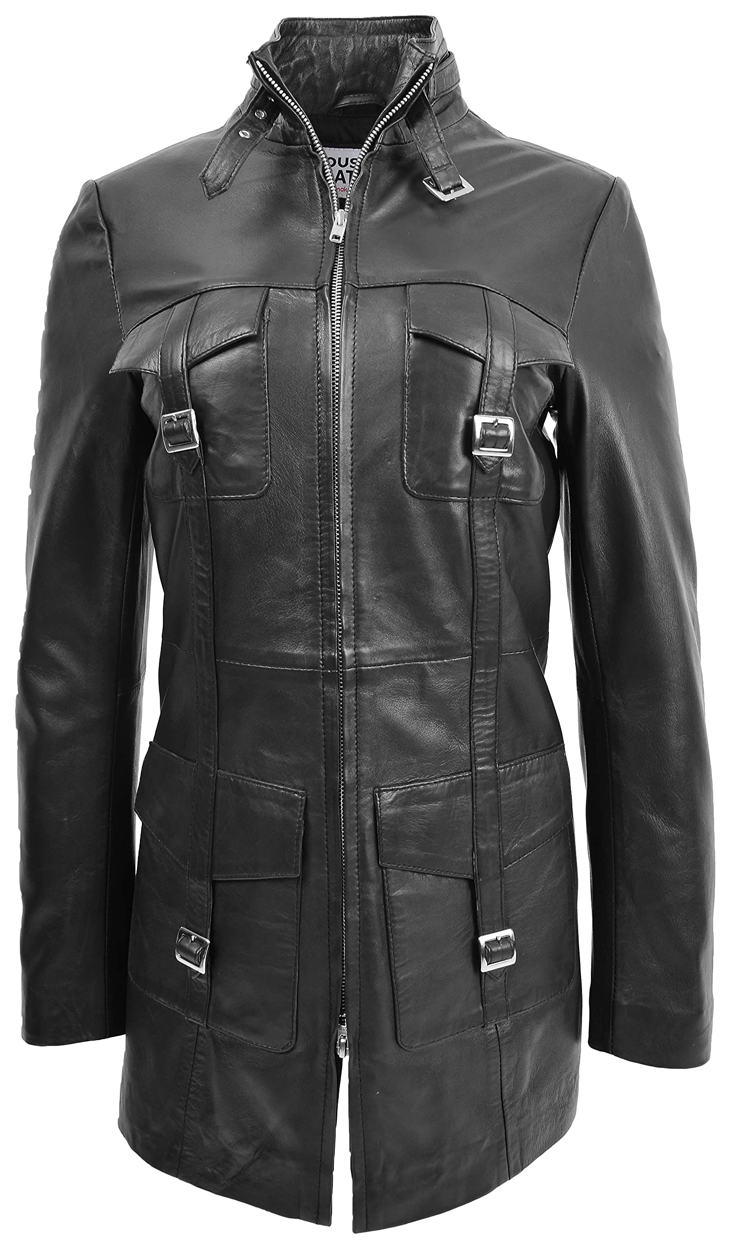 House Of Leather Women's Black Real Leather Coat Mid Length Dual Zip Fastening Kendall (18, )