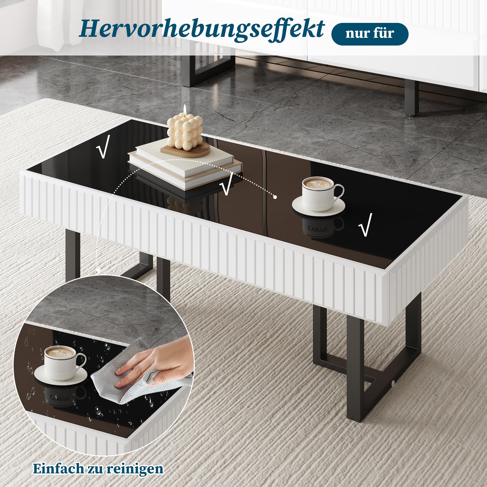 Couchtisch mit Hochglänzende Tischplatte, Coffee Table mit Stauraum, Kaffeetisch, Sofa Tisch, für Wohnzimmer/Esszimmer/Flur, 110 x 50 x 41cm, Minimalistische Design, Schwarz-Weiß