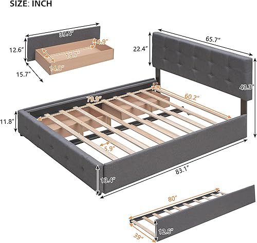 Miniatura 9 de P PURLOVE Cama de plataforma tamaño Queen para dormitorio, marco de cama tapizado de terciopelo para sala de estar, kit de listones incluido, no