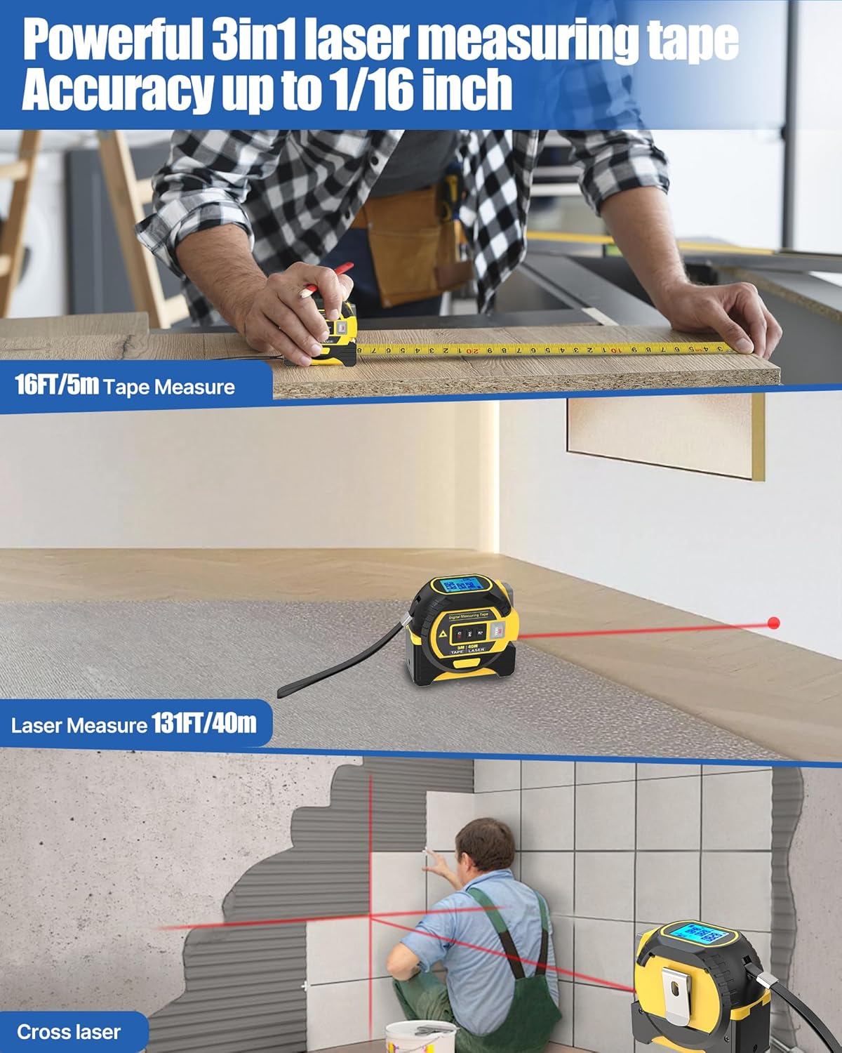 The Ruler 3-in-1 Measuring Tape, Tools Tape Measure, 3-in-1 Rangefinder with Led Display, 3 in 1 Digital Tape Measure with Cross Line, AutoLock, Measure Area, Volume, Pythagorean (Yellow)