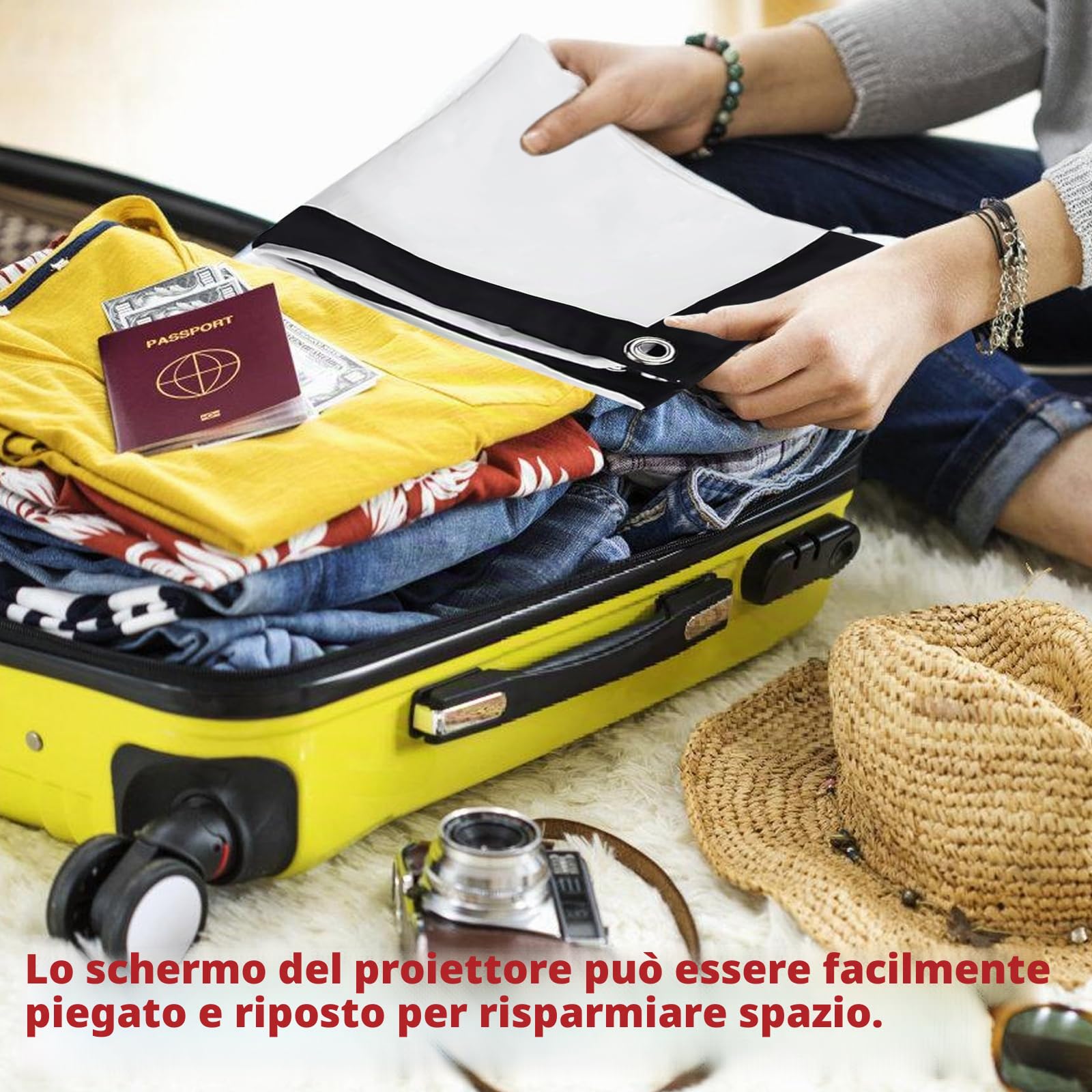 Tela per proiettore da 100 pollici: 16:9 HD 4K Proiettore su tela senza pieghe, pieghevole, portatile, lavabile con ganci e corde per casa, ufficio, scuola e attività all'aperto