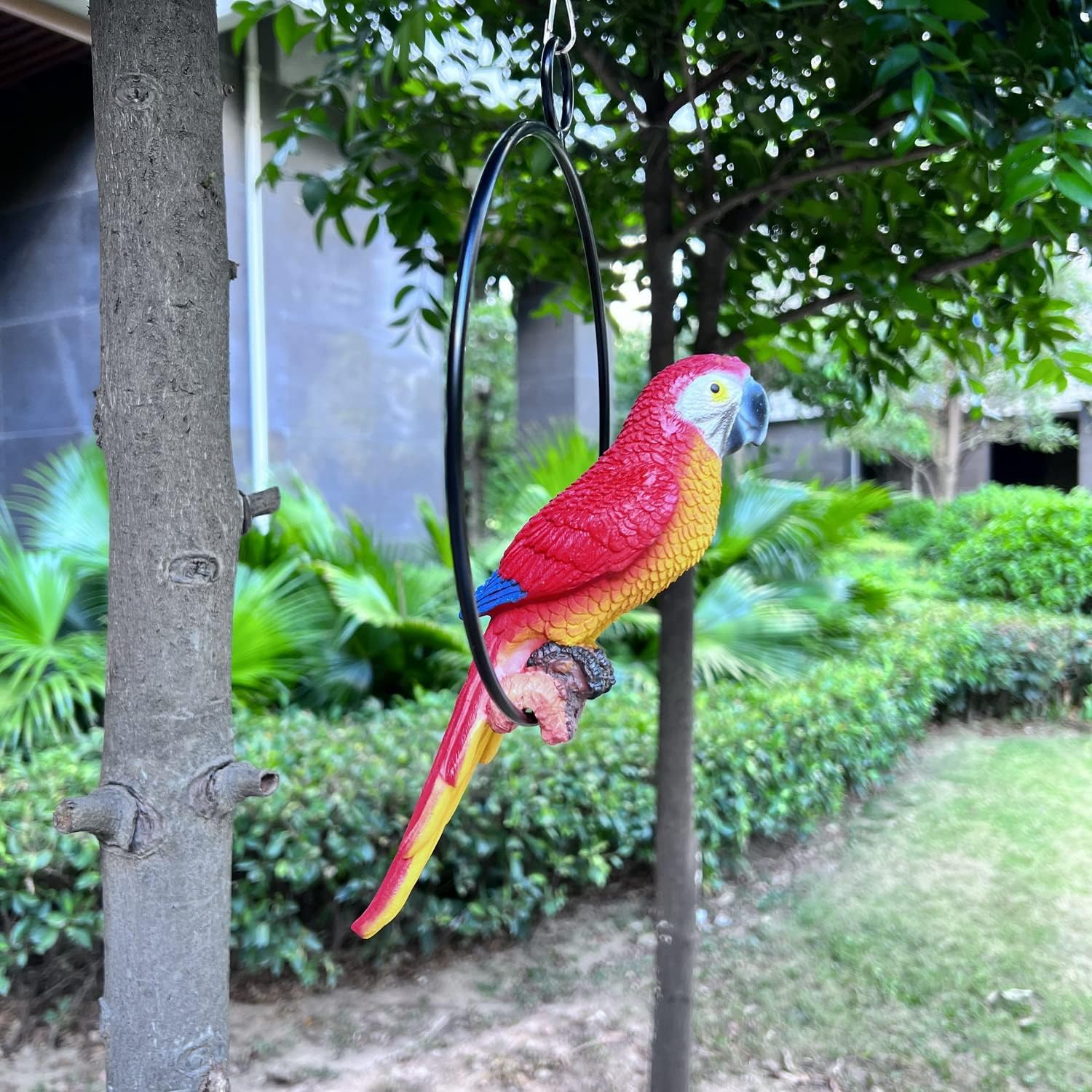 Parrot Bird Perched Statue Hanging Ring for Garden and Home Decor - Parrot Dimensions 9.8" High