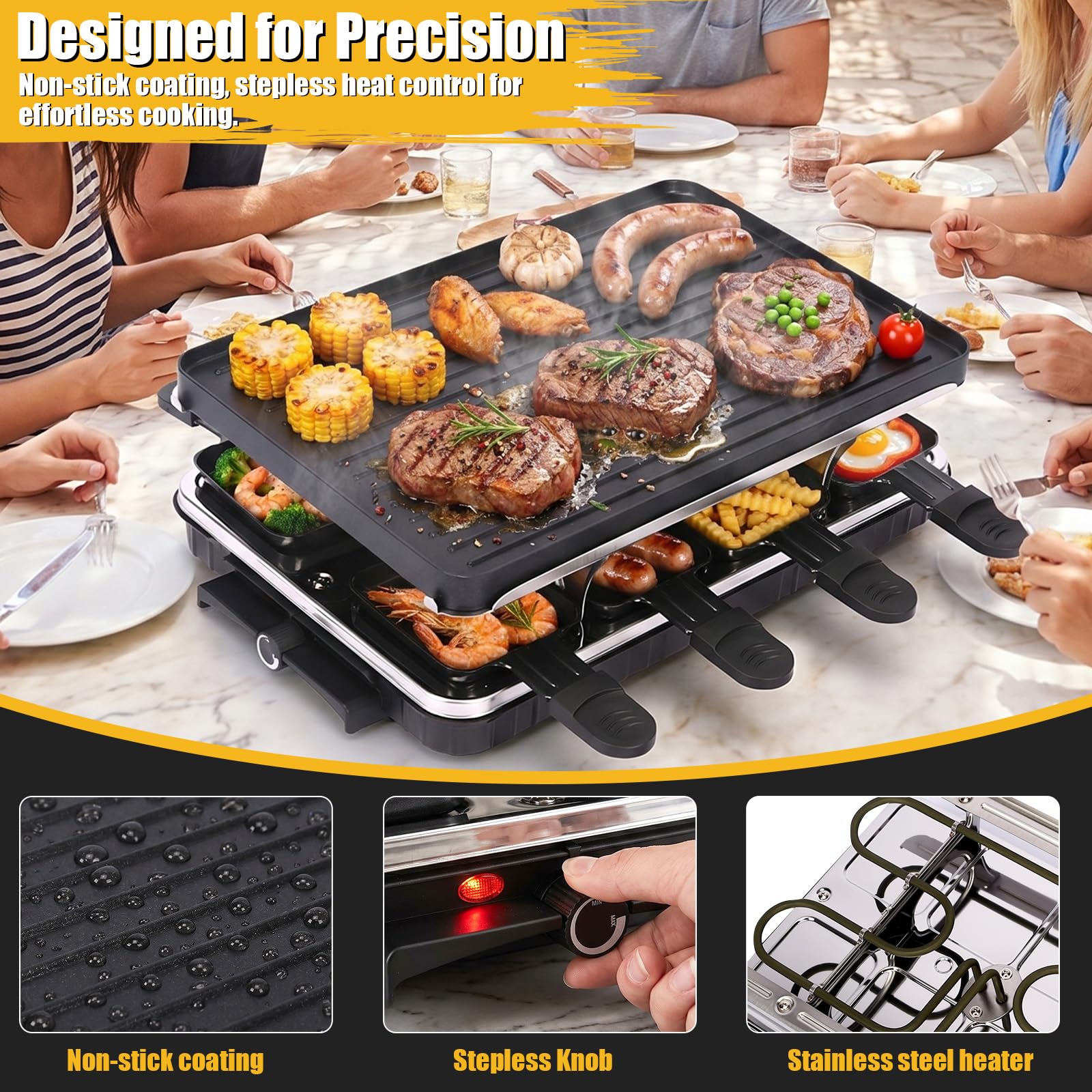 GFTIME Raclette 8 Personen, Raclette Grill Antihaft mit 8 Pfännchen-1300W