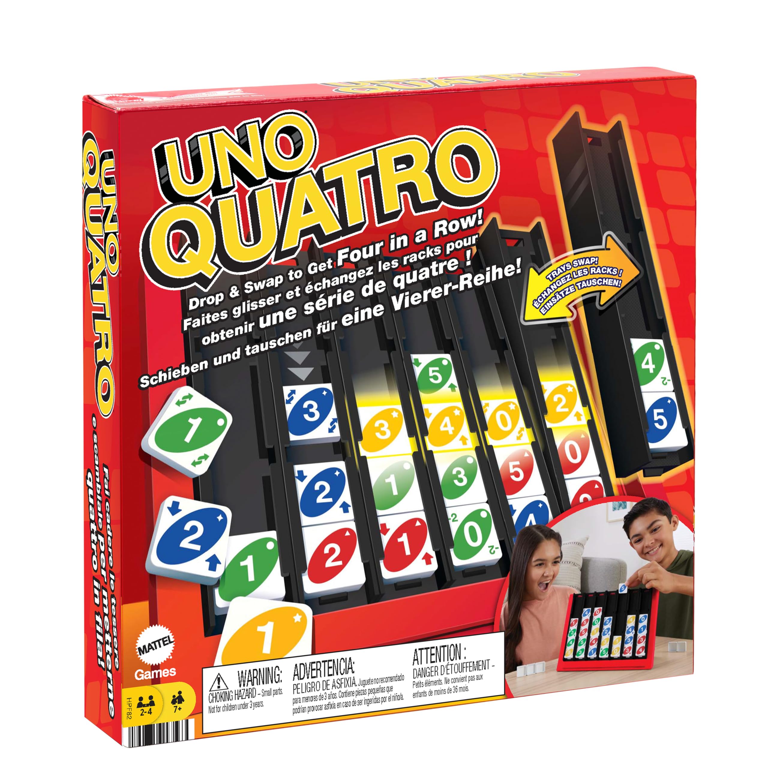 Mattel Games Uno Quatro, Steine nach Farben oder Zahlen sortieren, mit Aktionssteinen, Perfekt als Kinderspiel, Reisespiel oder Gesellschaftsspiel, ab 7 Jahre, HPF82