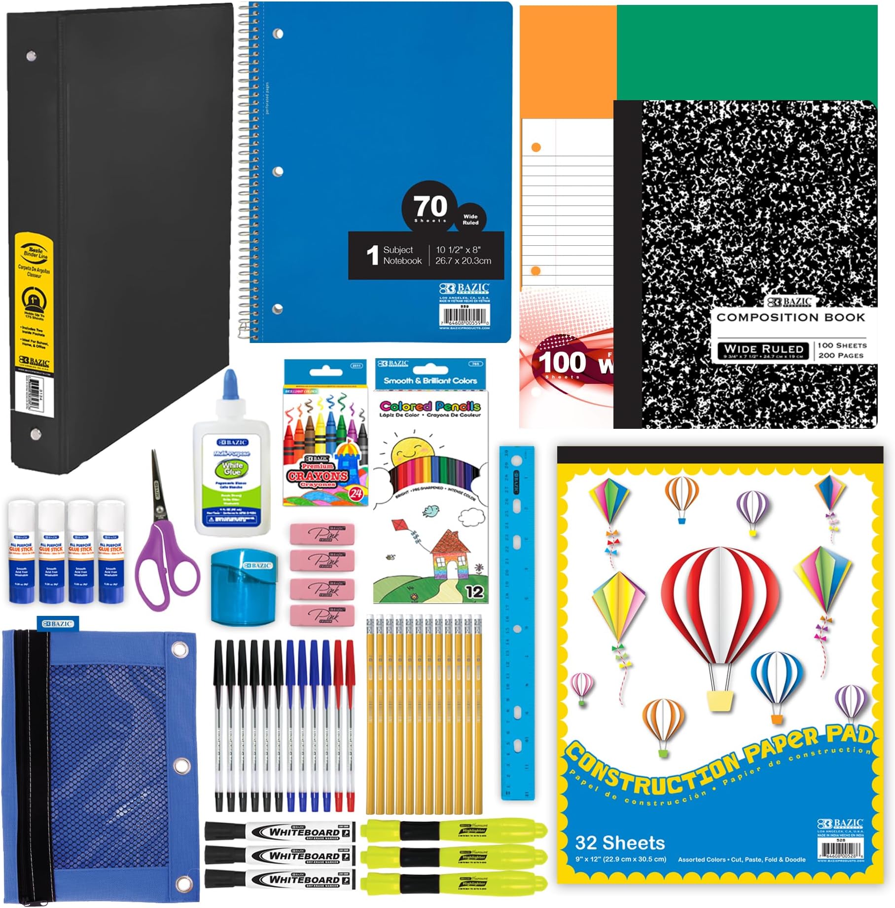 BAZIC PRODUCTS Elementary School Supply Kit, 86-count Student Set for Elementary Students Grades 3-6, Complete School Supplies With Fully Organized Supply Box, 1-pack