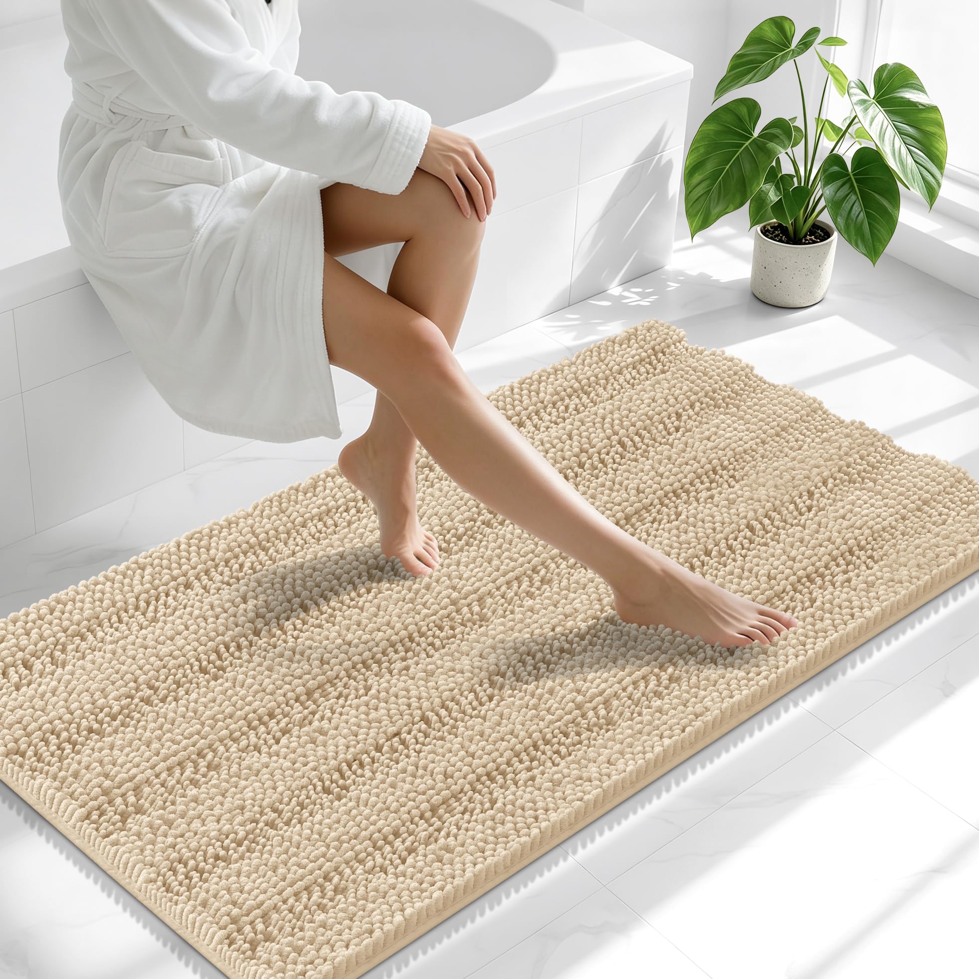 Smiry Thick Chenille Bathroom Runner Rugs 47x24, Absorbent Bath Mat, Beige