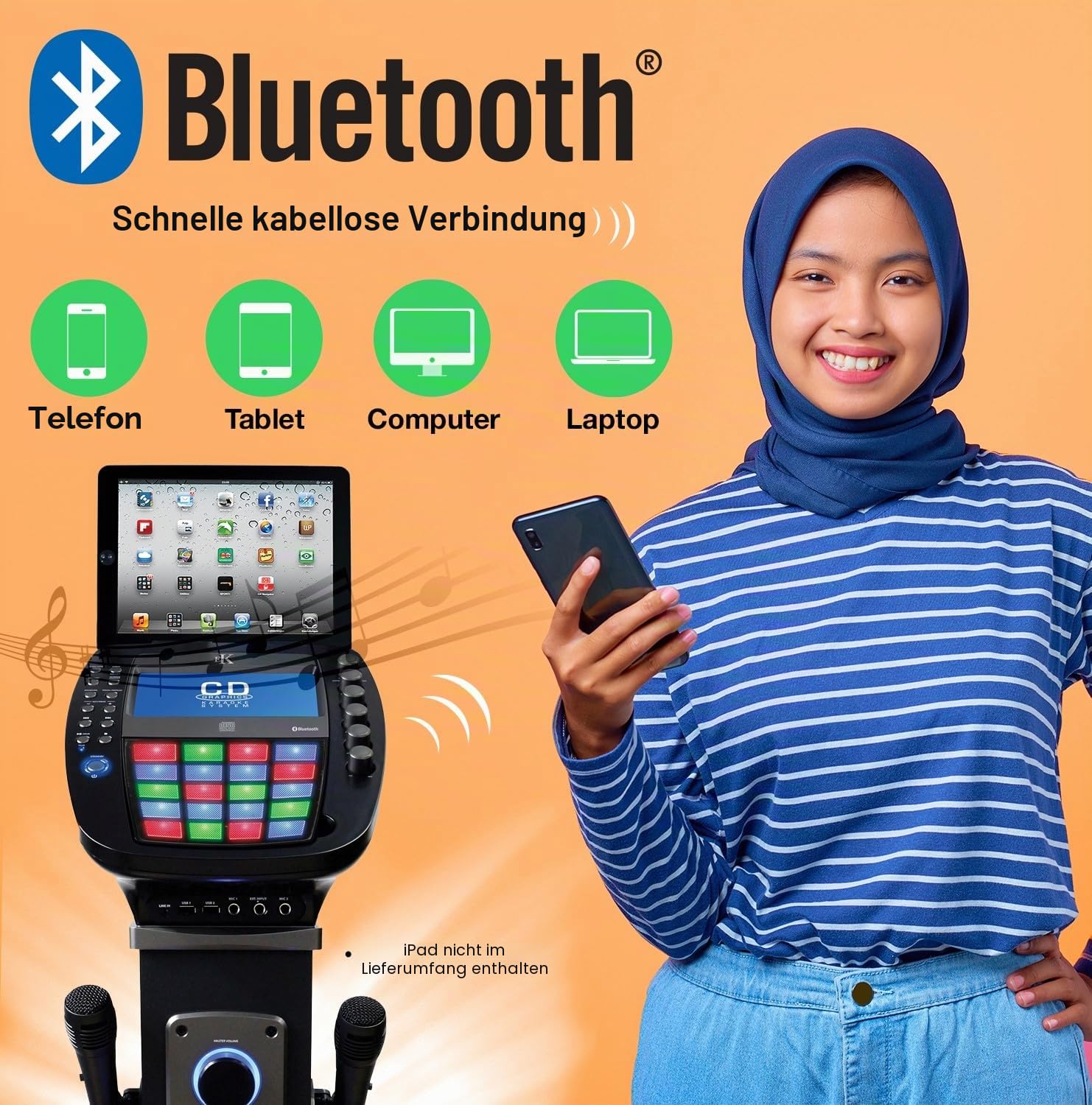 KARAOKE Easy Bluetooth System mit Lautsprechersockel - Professionelles CDG-System mit 6 Lautsprechern, LED-Disco-Lichtern, 7-Zoll-Farb-TFT-Bildschirm + 2 Mikrofone