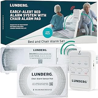 Lunderg Bed Alarm & Chair Alarm System - Early-Alert Bed Sensor Pad, Chair Sensor Pad & Pager - Chair & Bed Alarms and Fall Prevention for Elderly and Dementia Patients - Full Caregiver Set