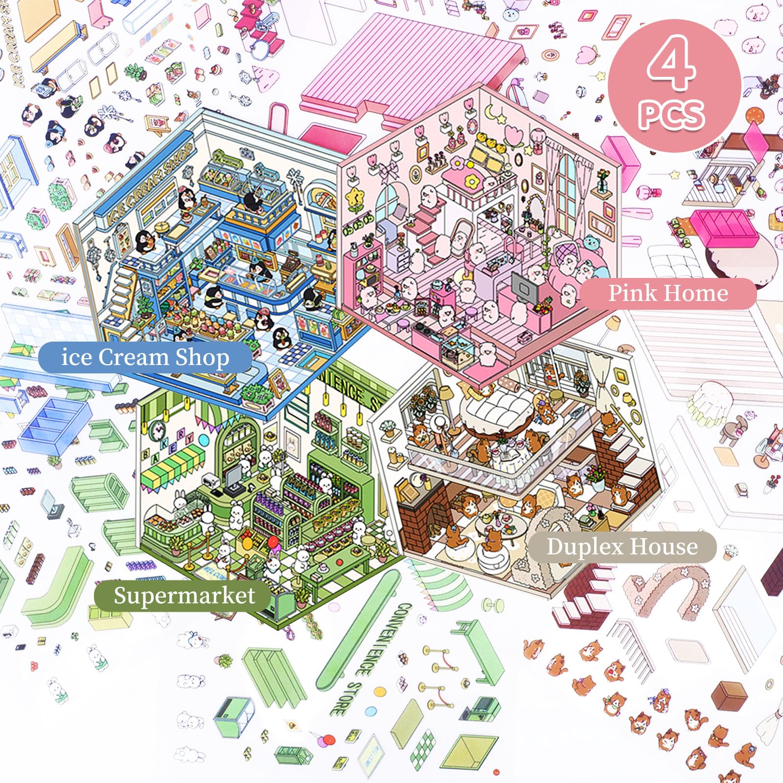 DOINEUFL 4 Sets 3D Sticker Scene, 3D House Sticker Set, Sticker Therapy 3D Stickers - Image 2