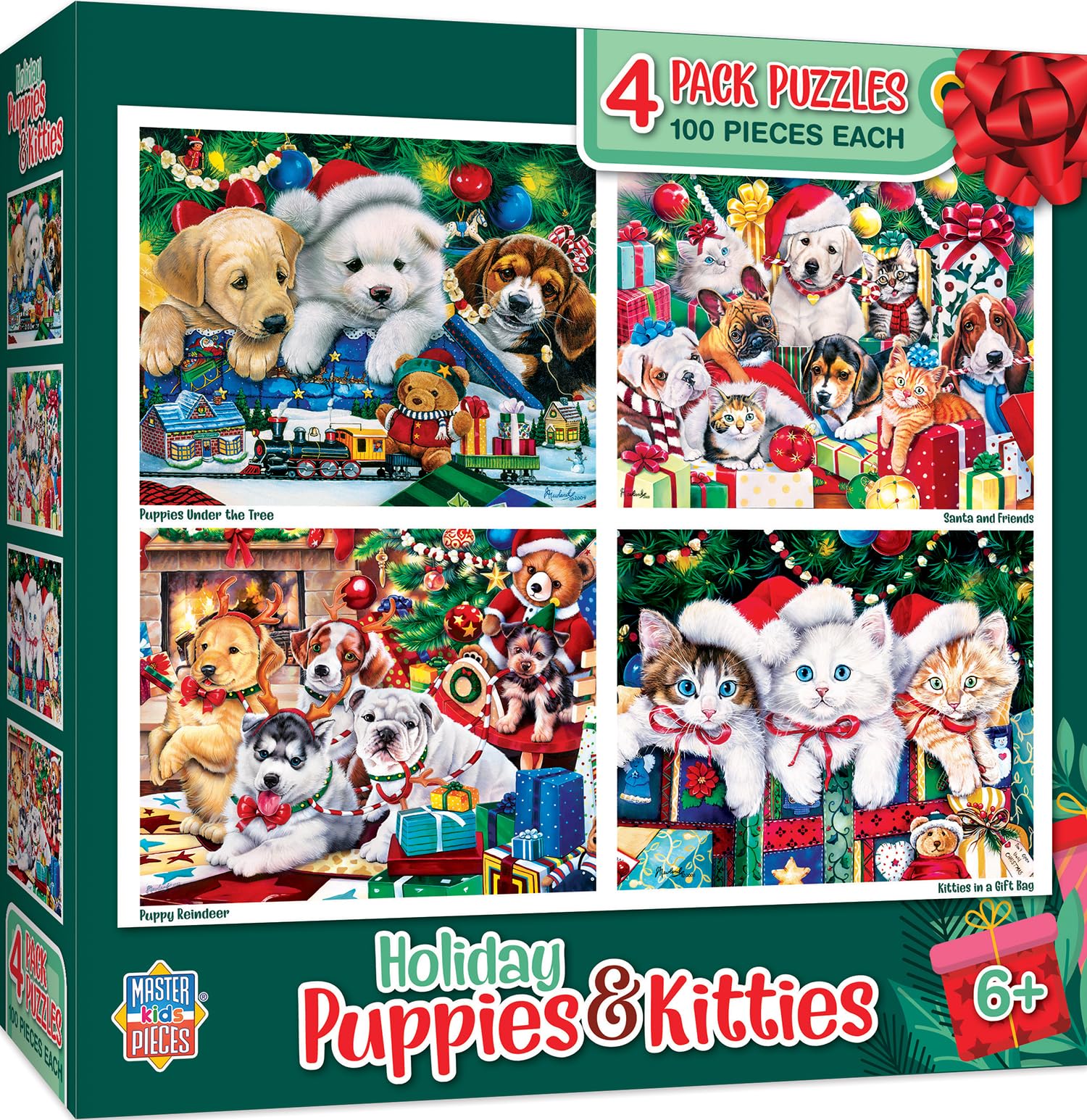 MasterPieces – Jigsaw Puzzle Set for Kids 6+ Years, 4-Pack of 100 Pieces, Educational and Fun Game, Holiday Puppies &amp; Kitties Collection, Gift Idea for Children, 8" x 10"