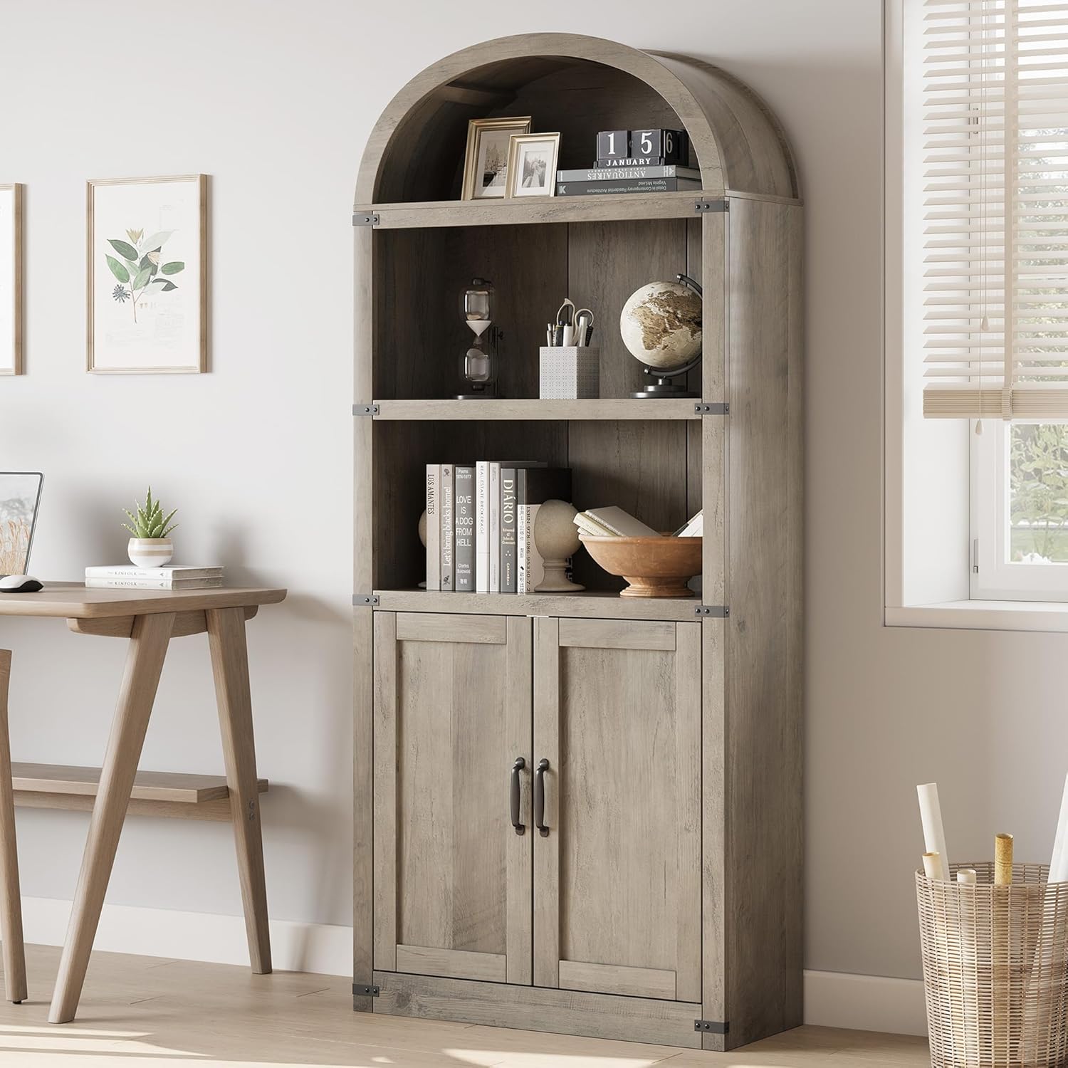 GarveeHome Bookcase with Doors Arched Bookshelf 71.65 in Tall Bookcase Farmhouse Cabinet with Shelves Wooden Bookshelves for Home Office, Living Room (Grey)