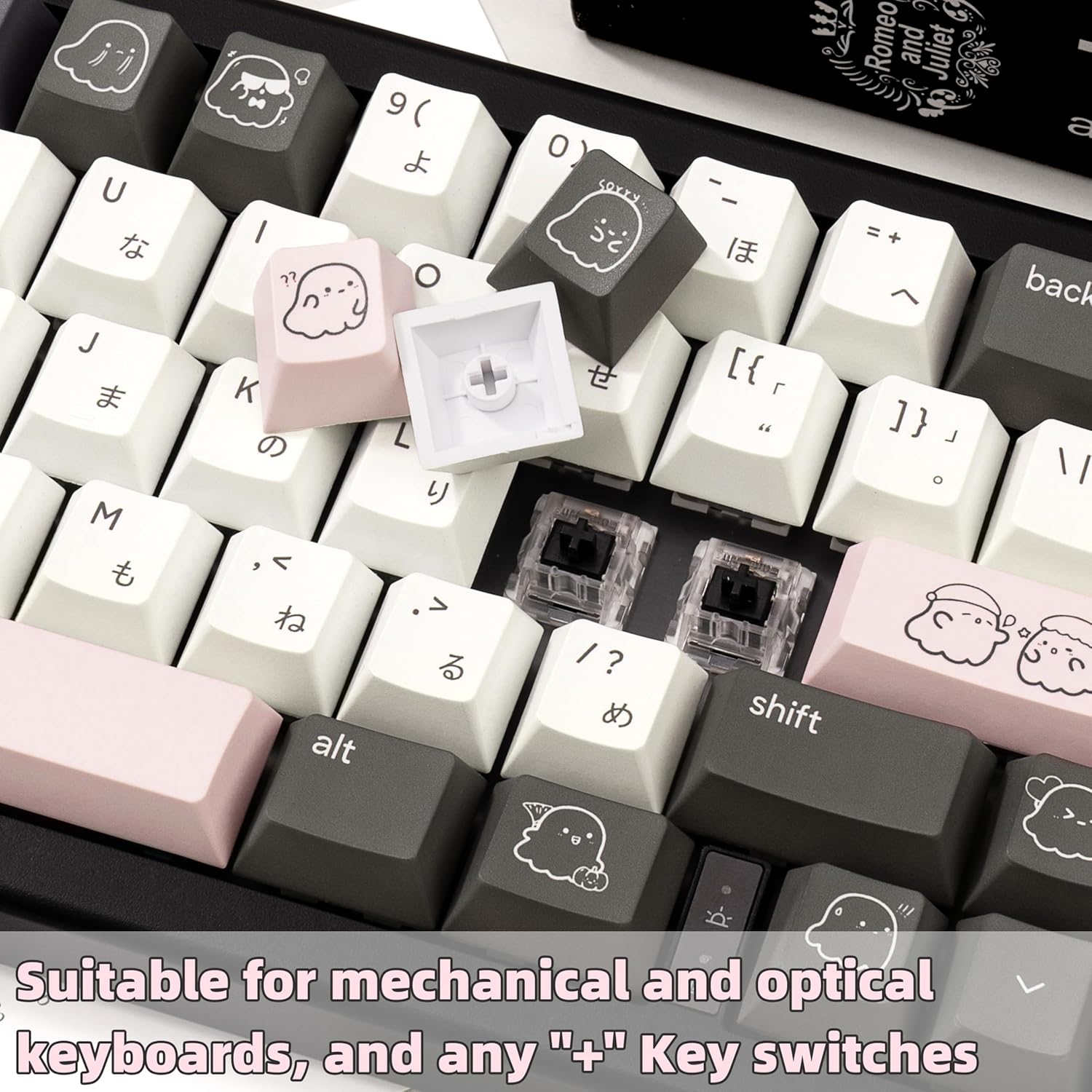 134keys Custom PBT Keycaps - Minimalist Style Black White Keycap Cherry Profile Dye Sub - Cute Japanese Keycaps Set for 60% 65% 75% 100% Percent Cherry MX Mechanical Keyboard