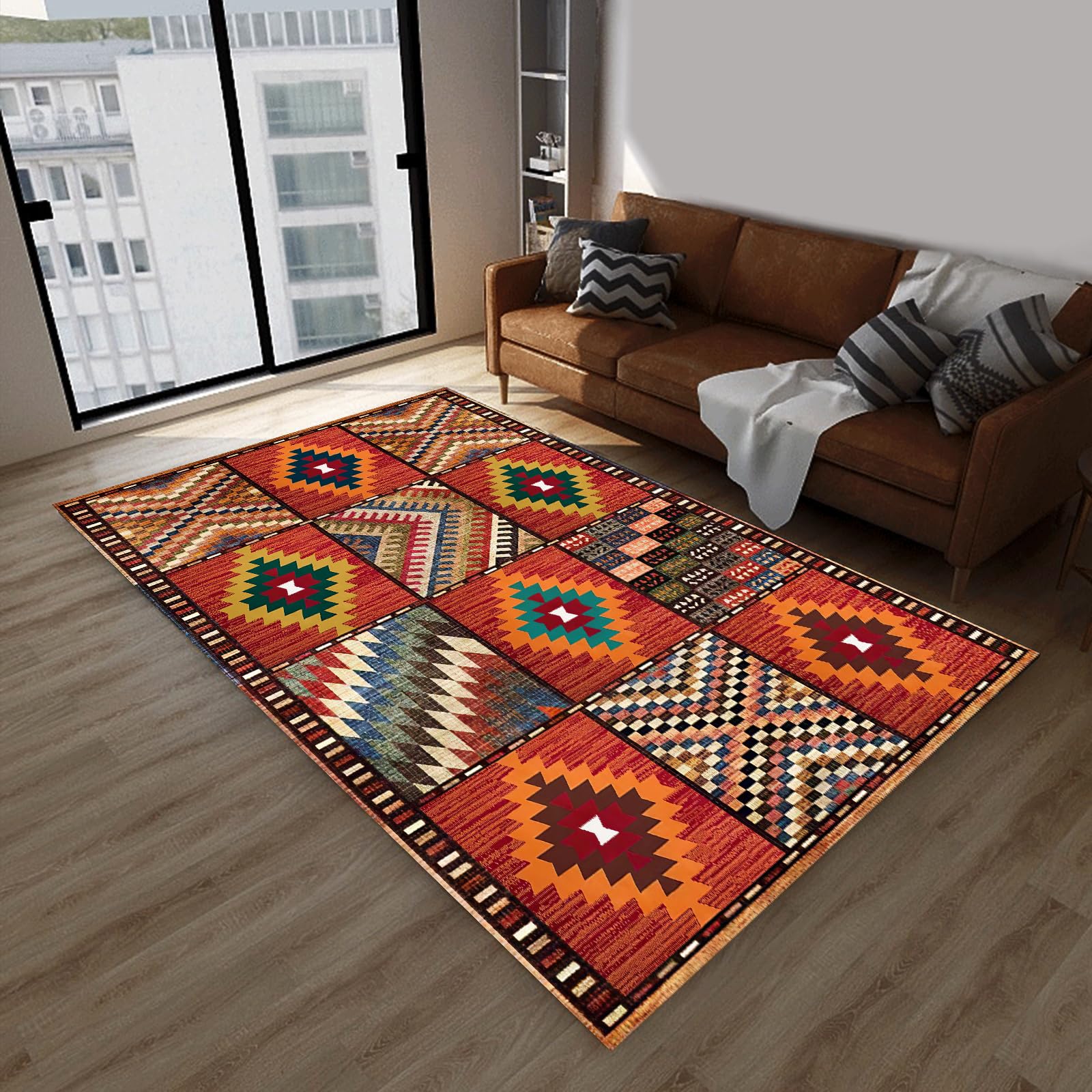 Tapis vintage facile à nettoyer 110 x 200 cm rouge et bleu pour le salon