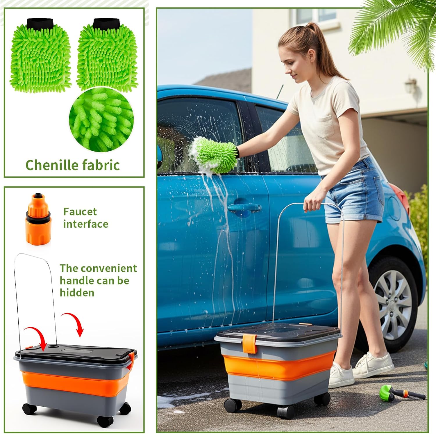 Maxdot Car Wash Bucket with Wheels Lid and Handle, 5.5 Gallon Collapsible Rolling Wash Bucket with 2 Microfiber Mitts for Car Cleaning, Camping, Rv & Pet Bathing
