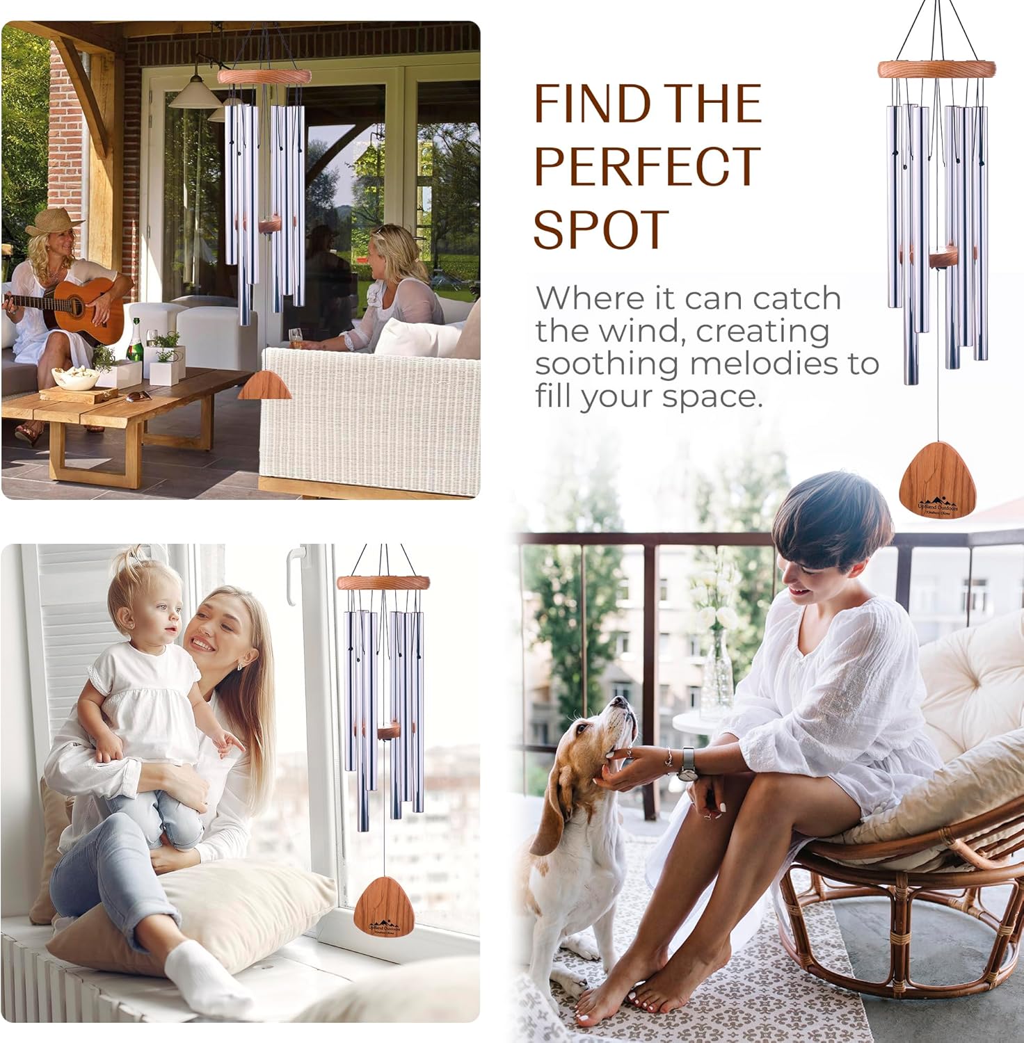 UpBlend Wind Chimes for Outside Gift – Deep Tone Wind Chime with Decorative Stone – Garden and Patio Décor for Porch or Yard, Elegant Outdoor Ornament, Meaningful Gift for Neighbors. 29” Silver.