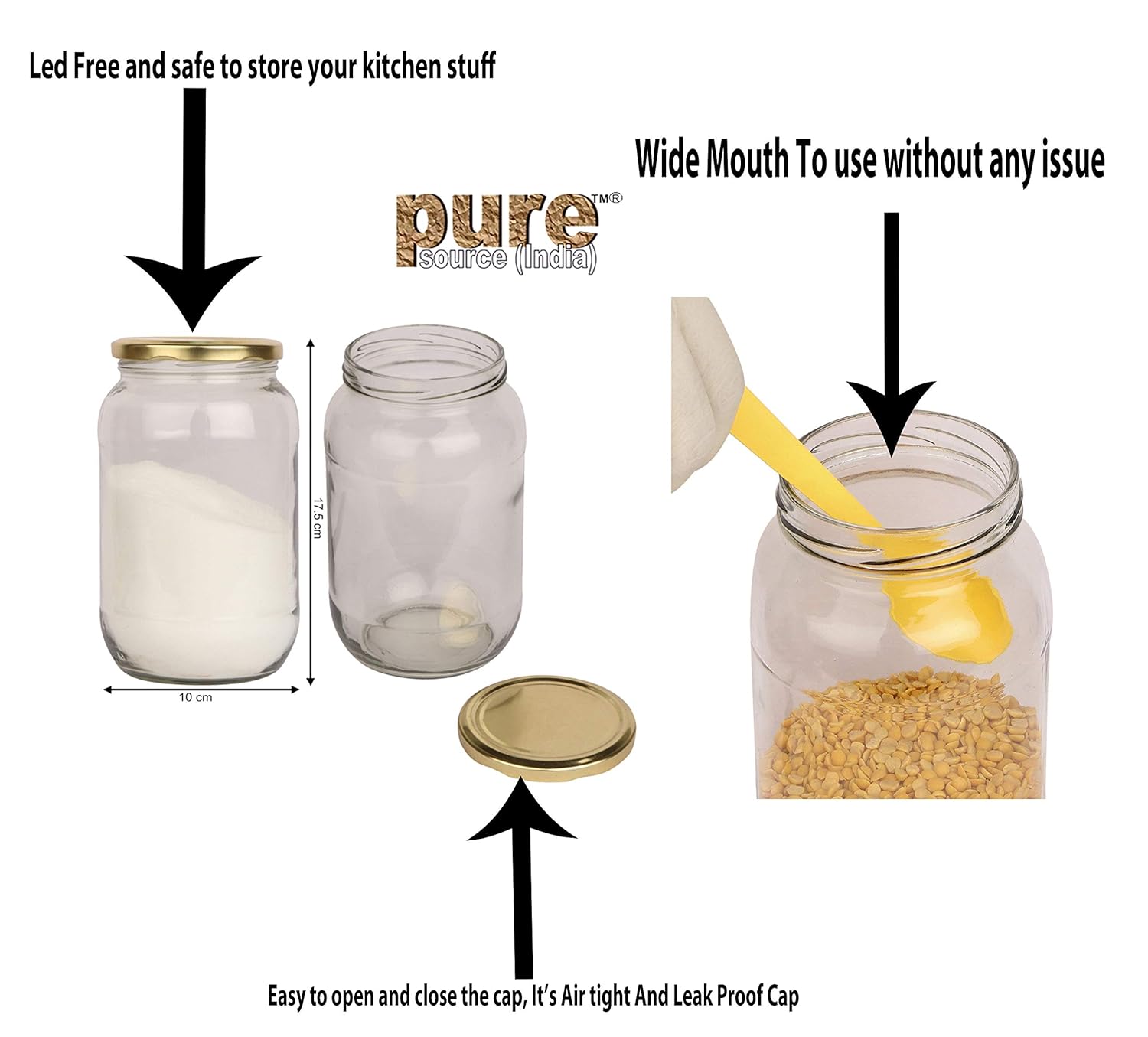 Diwali Sale Pure Source India Glass Jar Container, With Air Tight Lid, Suitable For Kitchen Stuff, Capacity-1 Ltr, (1 Pcs Pack)