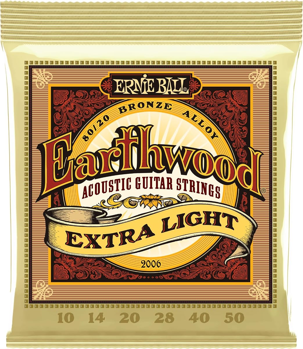 Cuerdas para guitarra acústica Ernie Ball Earthwood Extra Light 80/20 de bronce, calibre 10-50 (P02006)