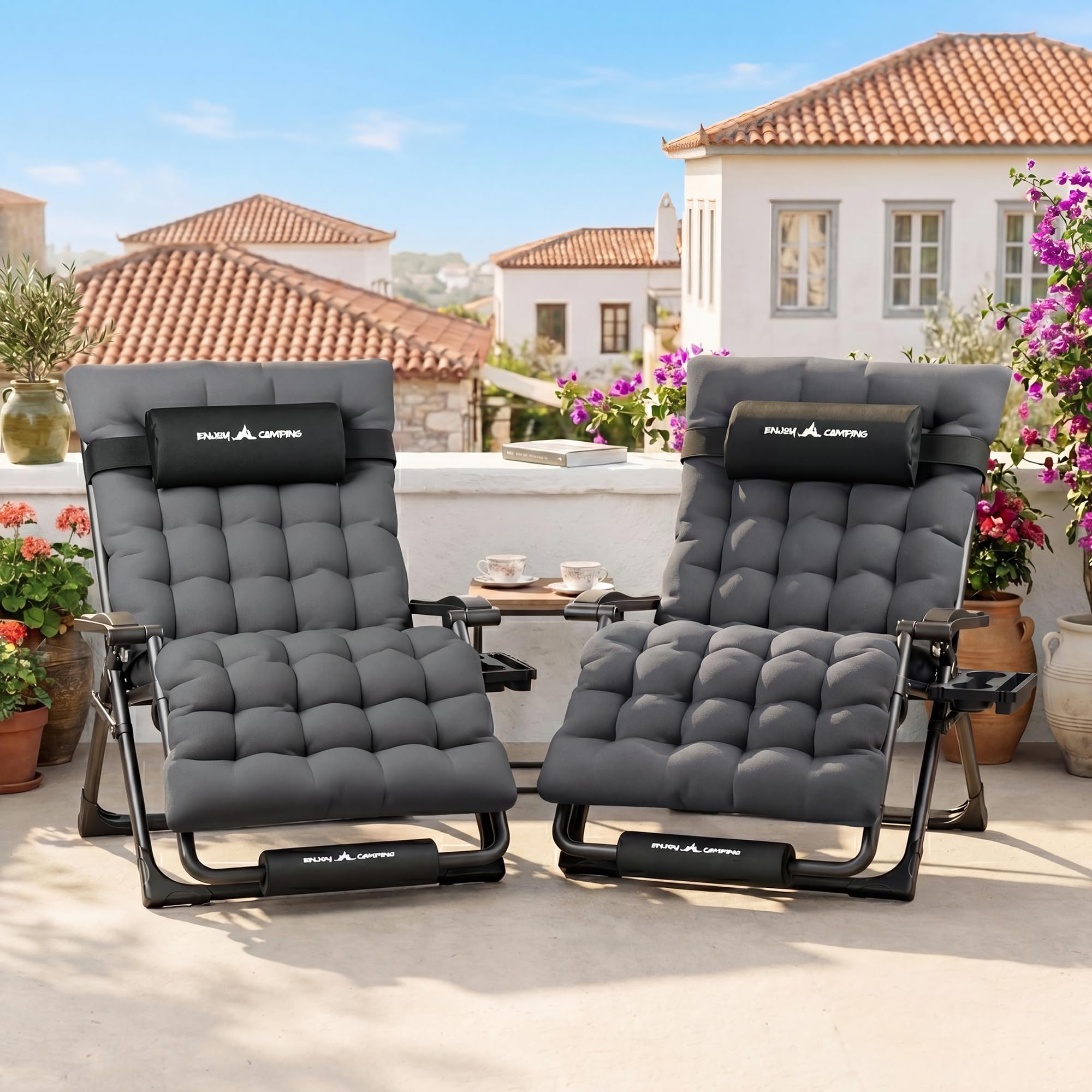 UDPATIO Transat Jardin Extérieur zéro gravité avec Coussin Épais 9 cm, Appui-tête Réglable, Accoudoirs et Porte-gobelet, Bain de Soleil Pliable et Inclinable, 220 kg Capacité, XXL Gris Foncé