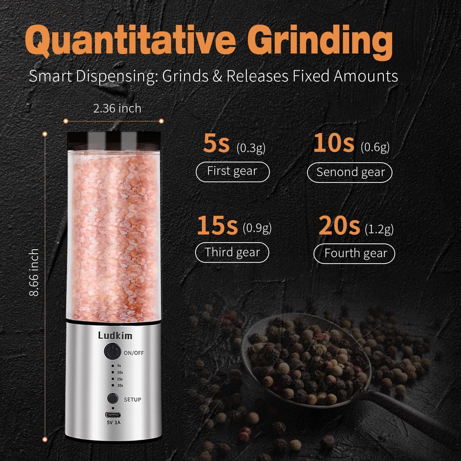 2PCS Electric Salt & Pepper Grinder- Rechargeable Automatic Stainless Steel Spice Pepper Mill, 240ml Large Transparent Chamber, Kitchen Appliances with External Adjustable Coarseness