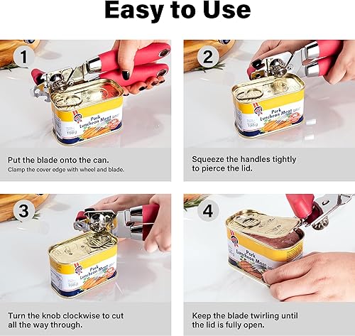 Miniatura 5 de TJ POP - Abrelatas manual, abrelatas de mano resistente, borde liso, perilla de fácil giro, con abrebotellas, accesorios de cocina, color rojo