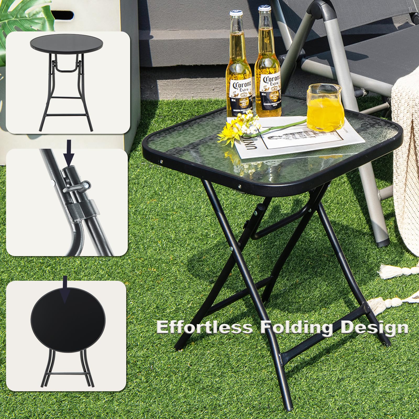 KOMFOTTEU Table de Jardin Pliable, Verre, Carrée, 46,5 x 46,5 x 47,5 cm