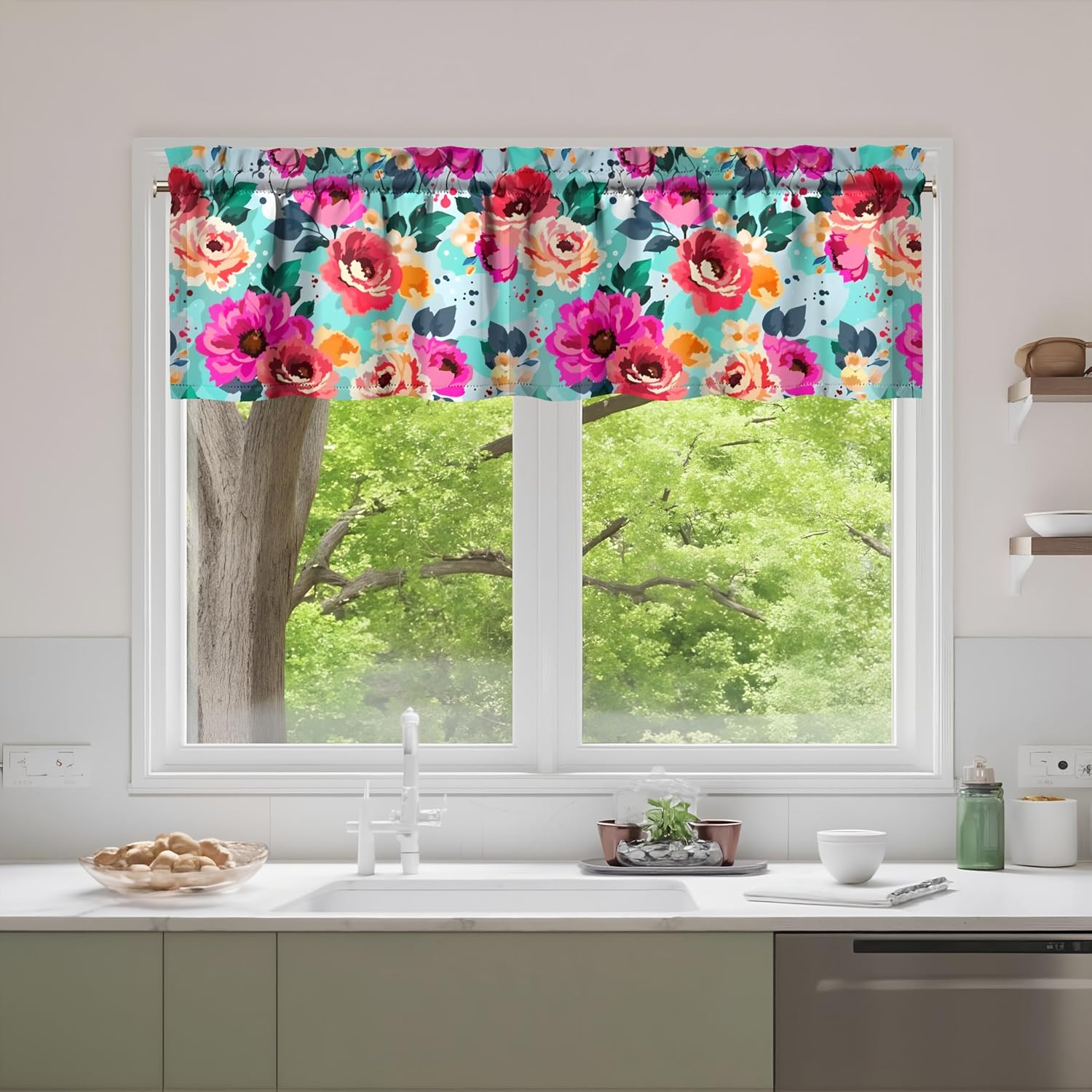 Floral Kitchen Valances Funny Window Over Sink Decor Ideas Retro Small Window Drapes for Kitchen Bedroom Bathroom Laundry Room Small Windows 18x54 inch