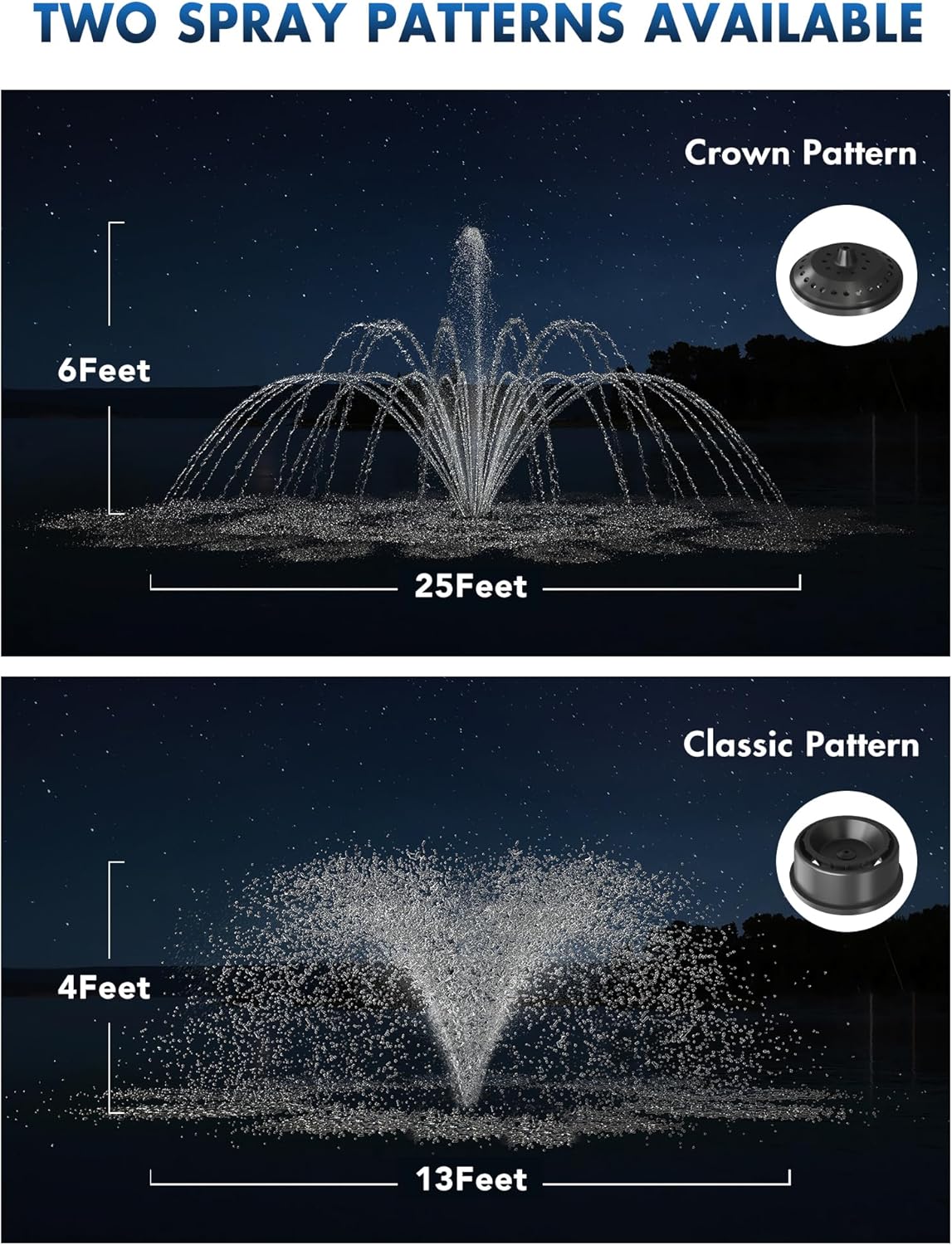 HQUA FS02 120V, 1/4HP, Large Pond Floating Fountain with FSL01 LED RGB Color-Changing Light Sets, 100’ Cord, 9000 GPH, Two Spray Patterns 25'×6' and 13'×4'