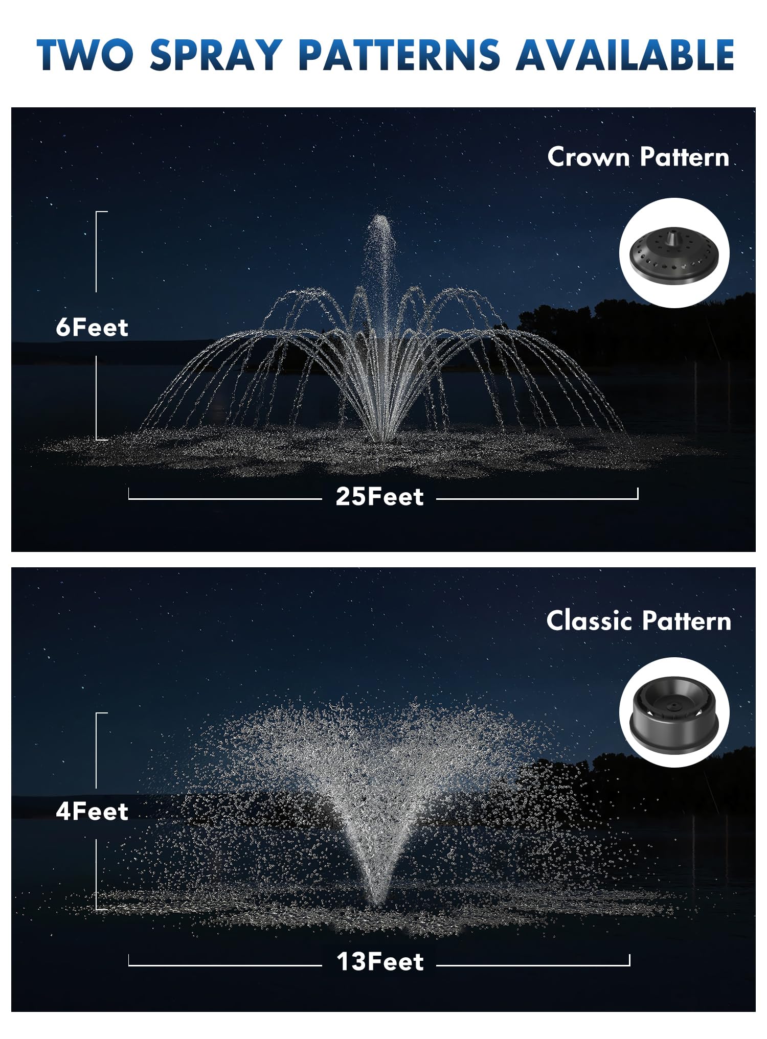 HQUA FS02 120V, 1/4HP, Large Pond Floating Fountain with FSL01 LED RGB Color-Changing Light Sets, 100’ Cord, 9000 GPH, Two Spray Patterns 25'×6' and 13'×4' - image 5