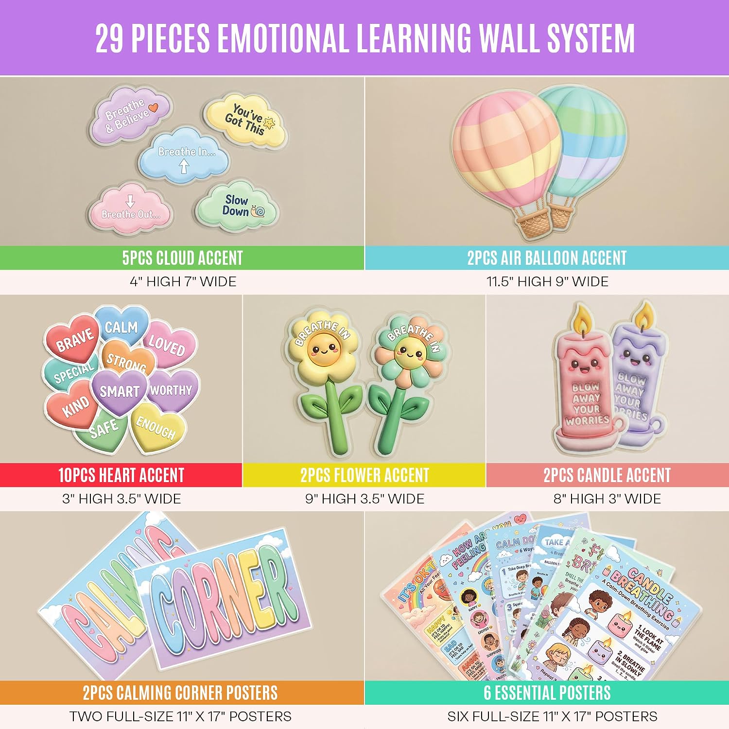 JELLY BEAN GENIUS Calming Corner Wall System for Kids – 29-Piece Social Emotional Learning & Emotional Awarenesss Visuals, Interactive Classroom & Home Calm Down Corner Display