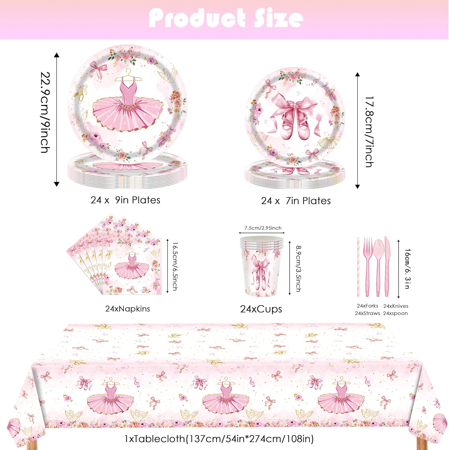 GalaHub 193Pcs Ballerina Birthday Party Decorations for 24 - Ballet Party Tableware Set with 7&9in Plates, Napkins, Cutlery Set, Tablecloth | Disposable Dance Party Supplies for Girls