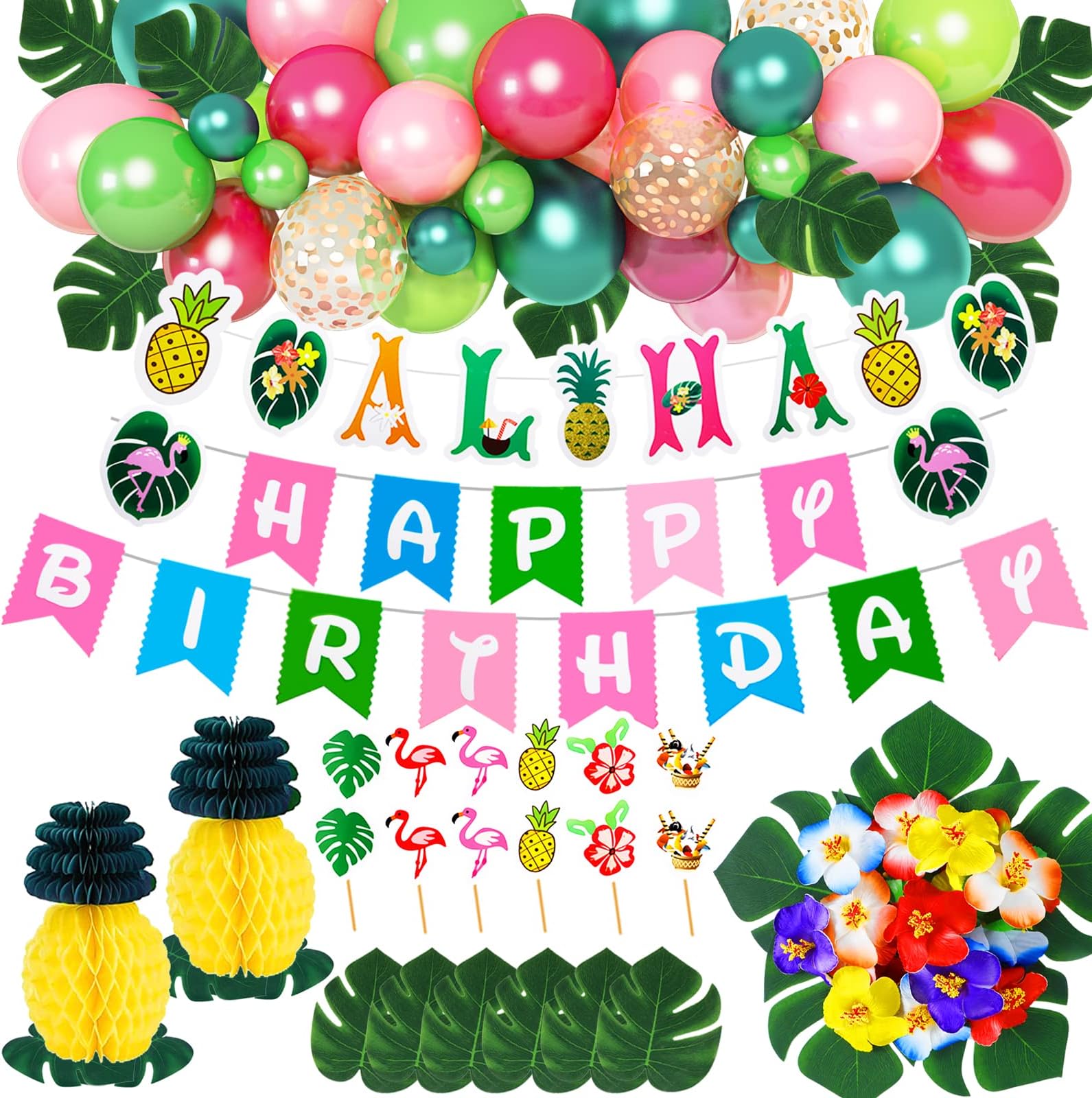 Hawaiian Luau Party Decorations Flamingo Tropical Balloons Arch Party Supplies, Pineapple Decor, Hibiscus Flowers, Aloha & Happy Birthday Banner, Cupcake Toppers, Palm Leaves Beach Moana Summer Decor