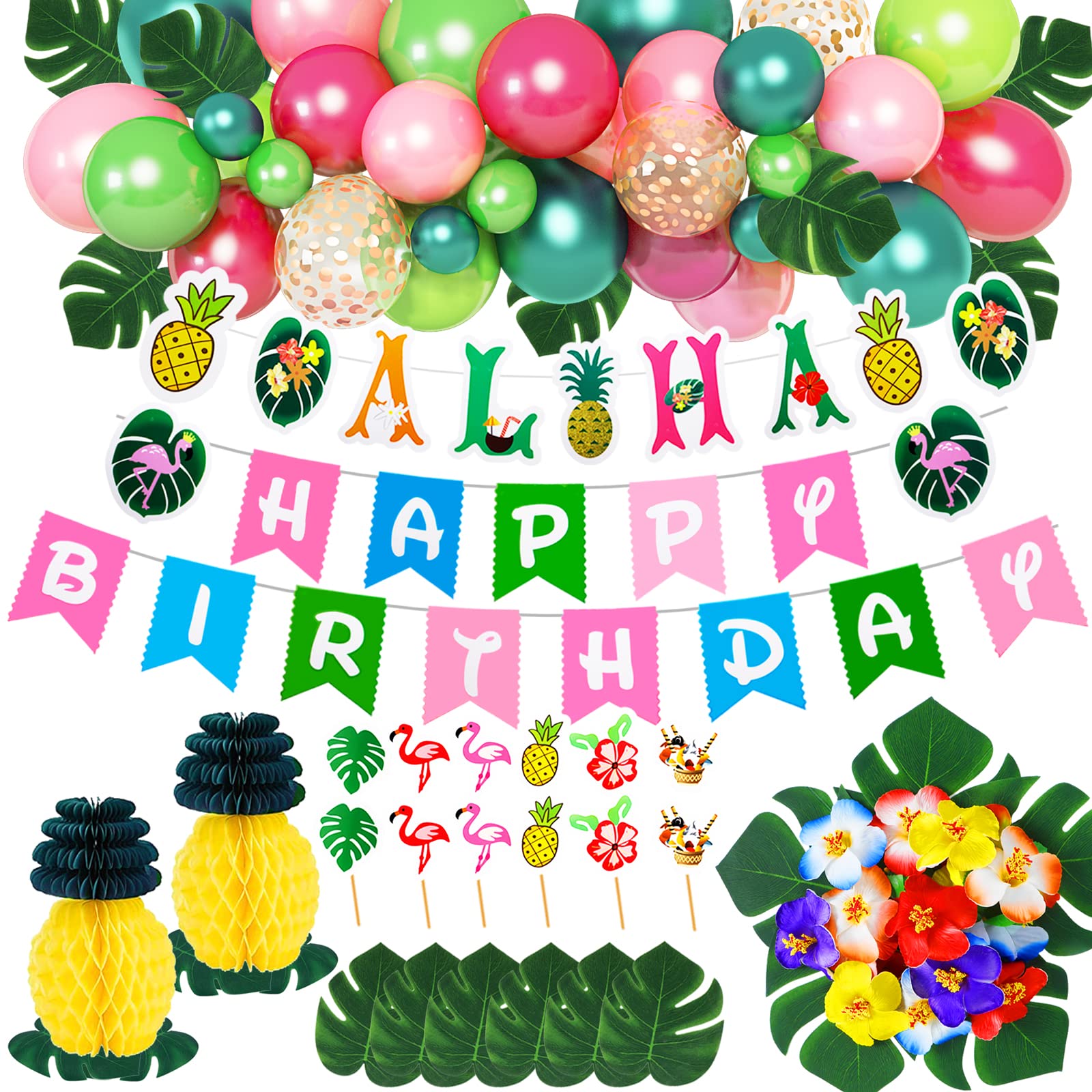Hawaiian Luau Party Decorations Flamingo Tropical Balloons Arch Party Supplies, Pineapple Decor, Hibiscus Flowers, Aloha & Happy Birthday Banner, Cupcake Toppers, Palm Leaves Beach Moana Summer Decor