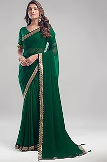 SIRIL Women's Georgette Lace Boarder Saree With Unstitched Blouse Piece