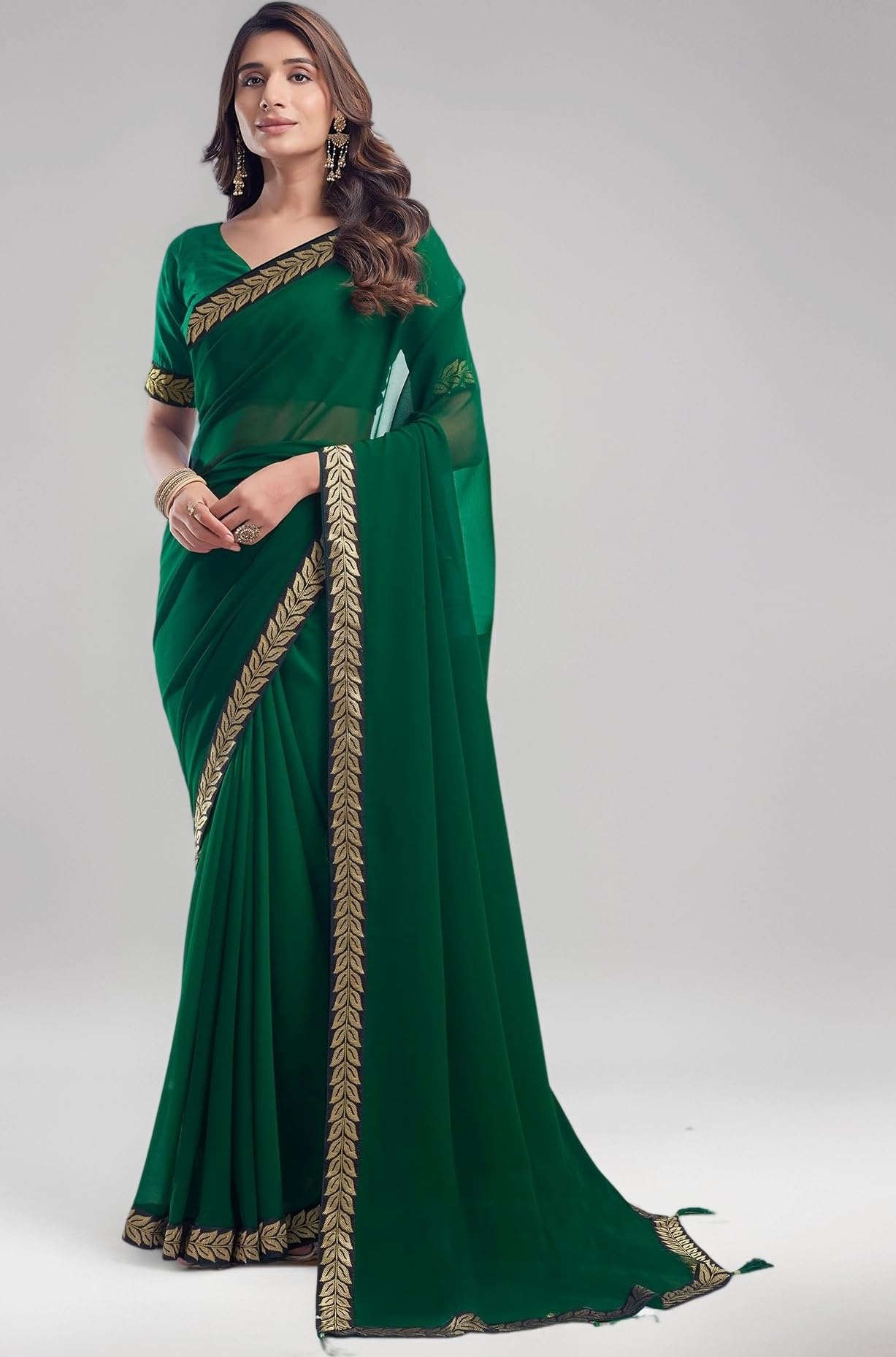 SIRIL Women's Georgette Lace Boarder Saree With Unstitched Blouse Piece