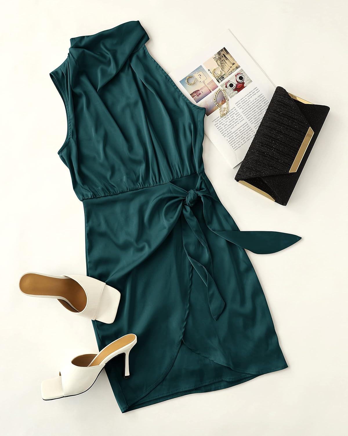 ZESICA Women's 2026 Fashion Satin Sleeveless Halter Neck Tie Waist Wrap Bodycon Cocktail Party Mini Dress - Image 5