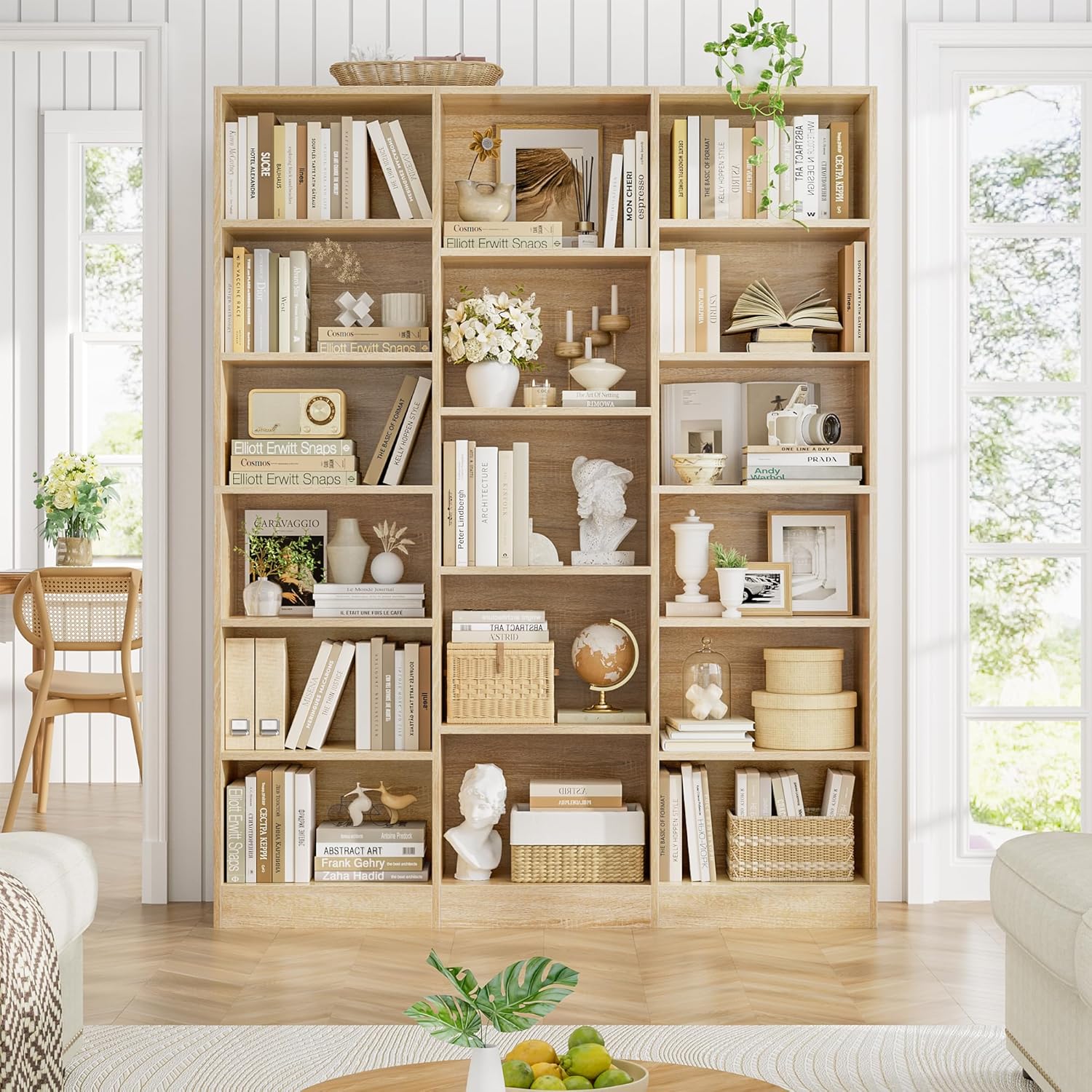 FACBOTALL Triple Wide Bookshelf, 6 Tier Large Bookshelf, Bookcase with 17 Open Display Shelves, 74'' Tall Bookcases and Bookshelves for Living Room, Home Office, Library, Light Oak
