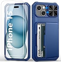 Vista 10 de Funda para iPhone 16 Pro Max con tarjetero (4-5 tarjetas), funda deslizante para cámara y protección de grado militar, a prueba de golpes, Azul