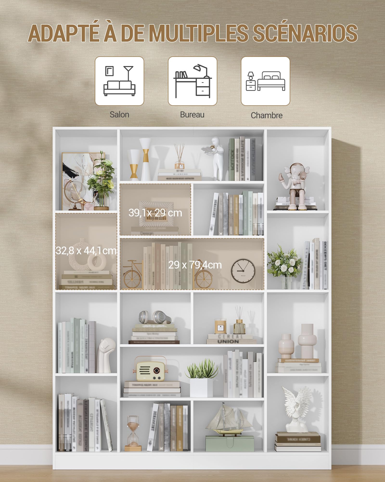 Hzuaneri Bibliothèque 190 cm avec 17 Étagères de Rangement, Meuble de Rangement Vertical, Étagère Ouverte pour Salon, Bureau, Cuisine et Chambre, 24,3 x 150 x 190,4 cm, Blanc BC46603X