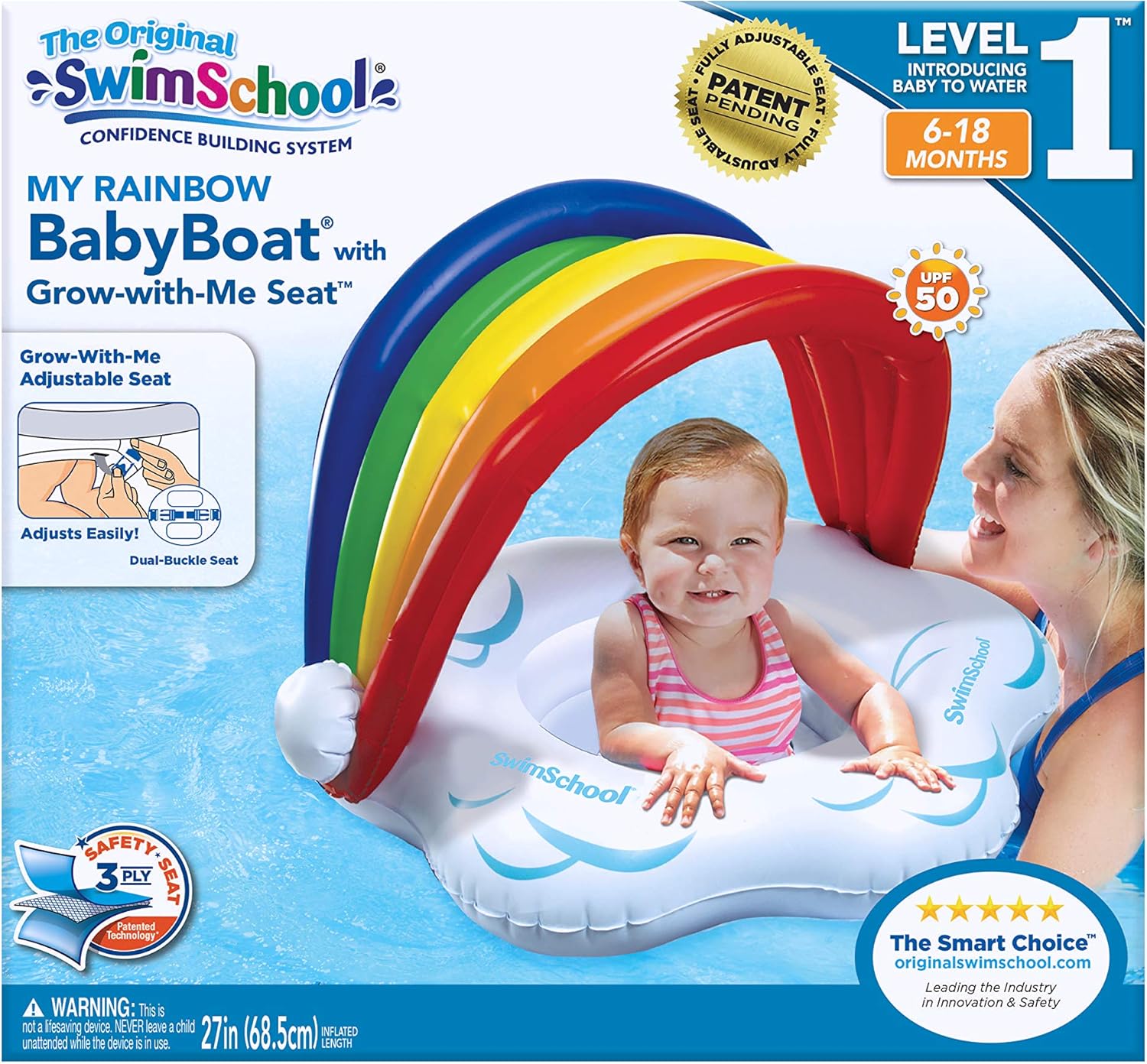 SwimSchool Rainbow Baby’s First Pool Float - 6-18 Months - Novelty Baby Boat with Adjustable Seat - Rainbow : Toys & Games