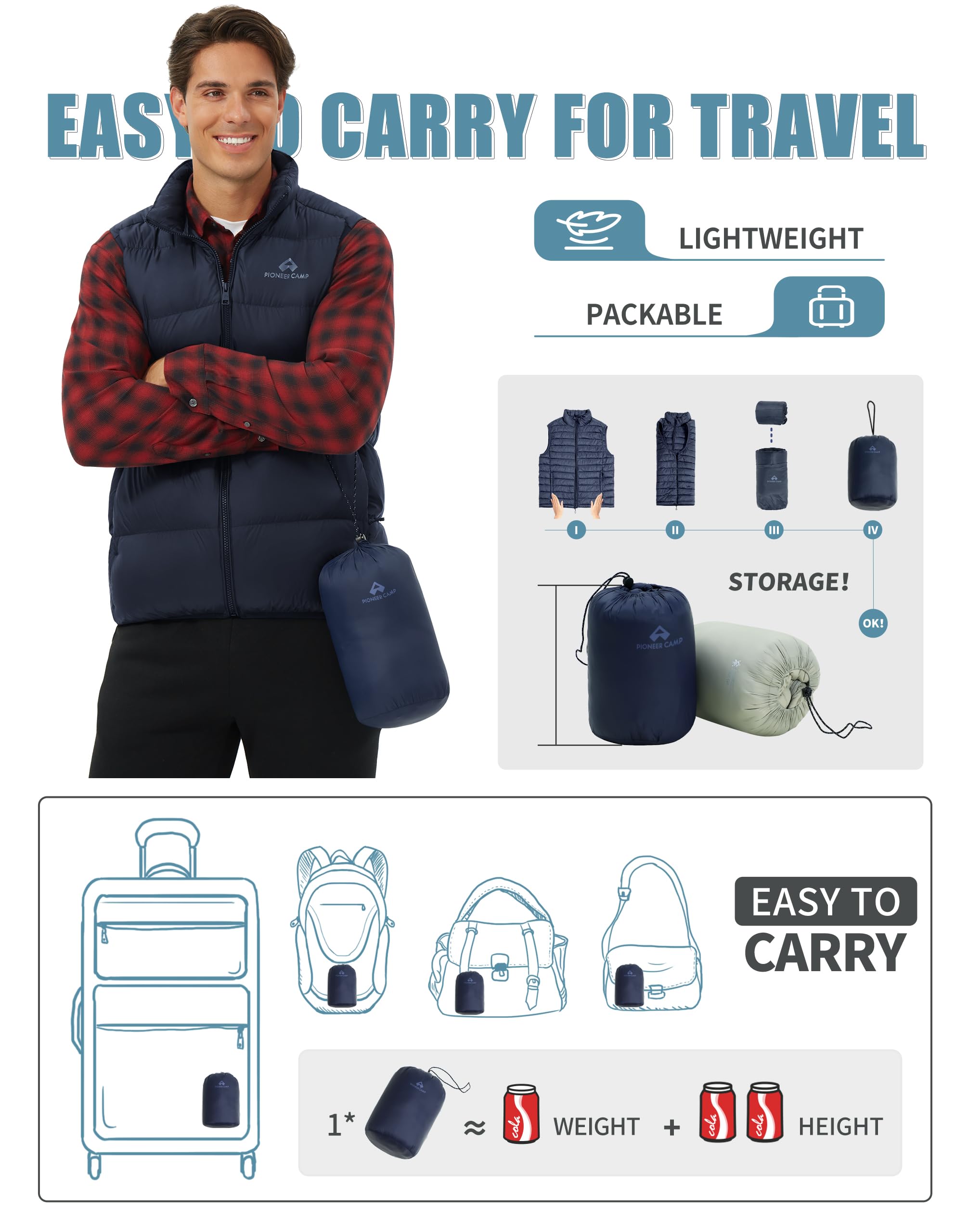 Pioneer Camp Chaleco ligero de plumón para hombre, relleno Power 700, sin mangas, cálido, para exteriores