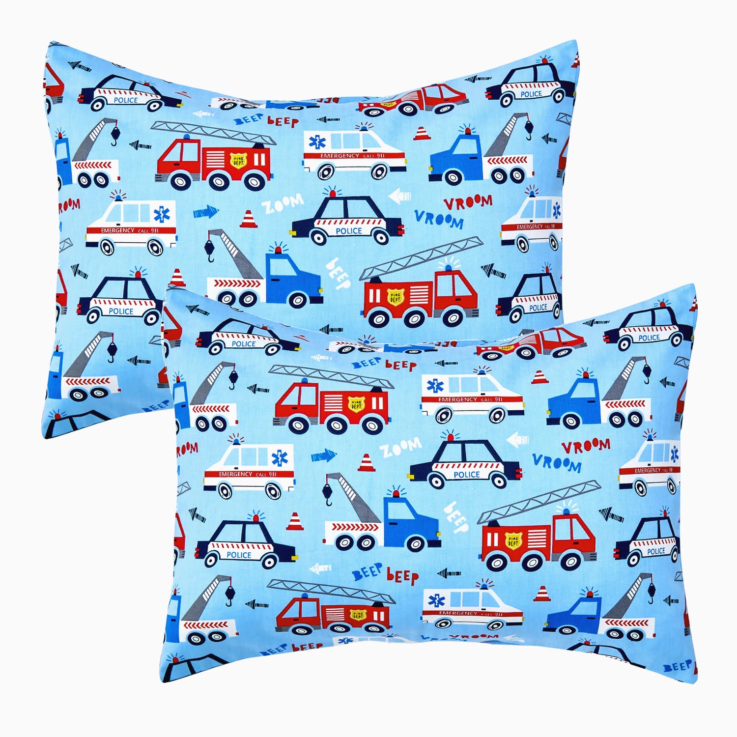 Photo 1 of IBraFashion Toddler Pillowcases 2-Pack - 14x19 Inch Non-Slip Cotton Pillow Covers | Police Cars & Fire Engines Design - Stop Pillow Slipping for Preschool Nap Time | Hypoallergenic & Machine Washable