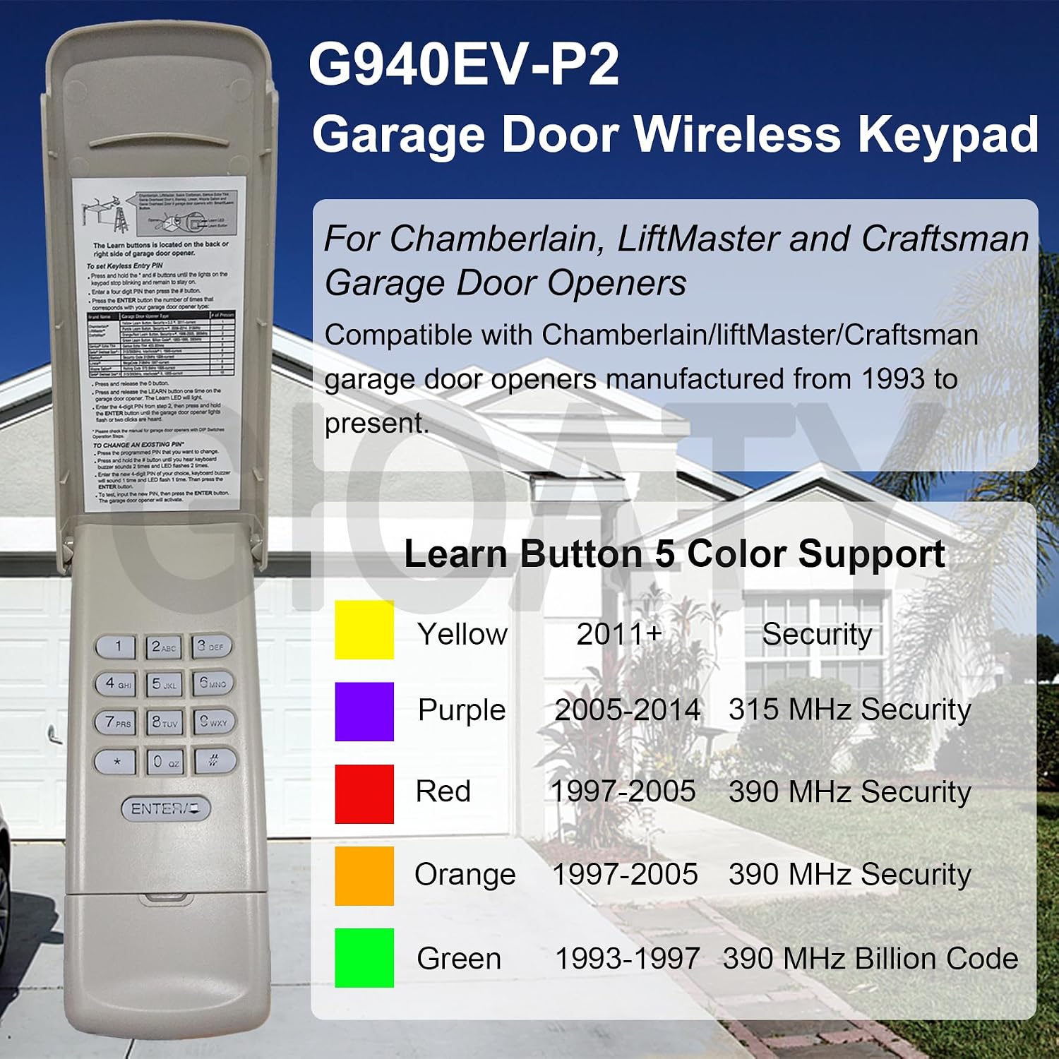 Universal Garage Door Opener Keypad for Liftmaster Chamberlain Craftsman Wayne Dalton Openers Produced Since 1993 image 2