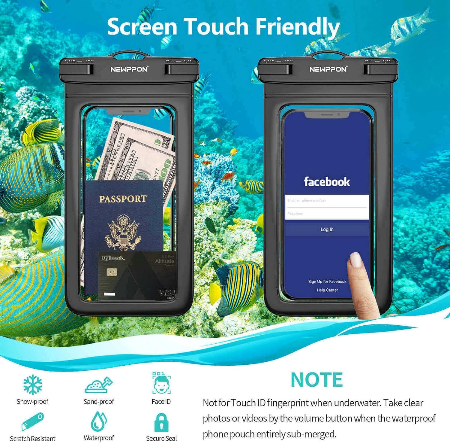 newppon Waterproof Cell Phone Pouch : 2 Pack Water Proof Dry Bag Case with Neck Lanyard - Underwater Universal Clear Cellphone Holder Large Protector for iPhone Samsung Galaxy for Beach Pool Swimming