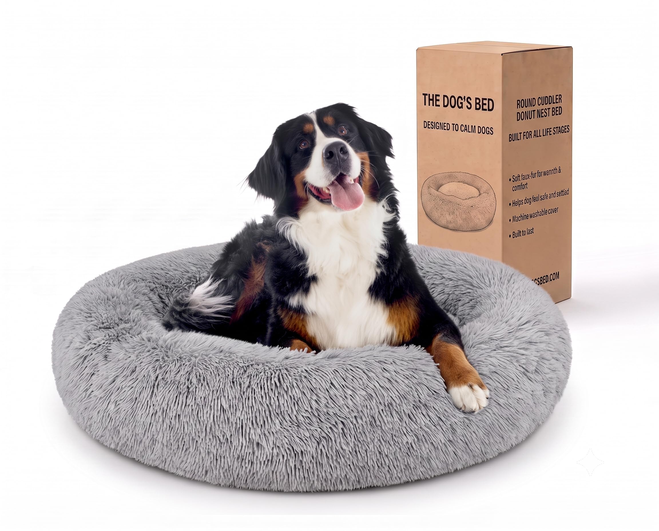 The Dogโs Bed Calming Donut Dog Bed, Plush Faux Fur Round Cuddler Nest โ Removable Washable Zip Cover, XL Beds - 114cm Diameter, Silver Grey Fur