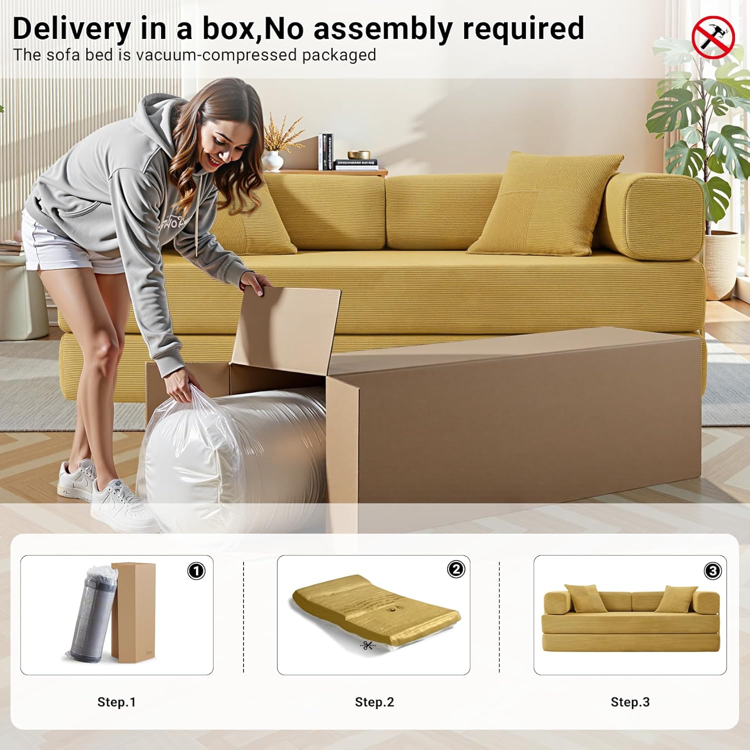 Convertible Sleeper Sofa Bed, Boneless Couch with Fixed-Shape Frame, 78" Corduroy Fold Out Floor Sofa Couch, Modern Foldable Mattress Couches for Living Room,Yellow