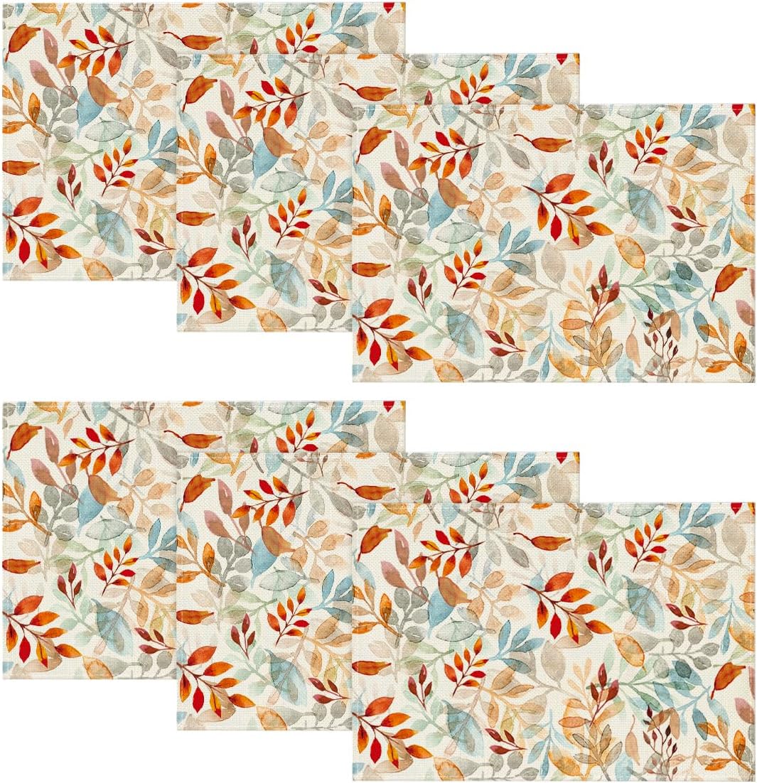 Artoid Mode Eucalyptus Leaves Fall Placemats Set of 6, 12x18 Inch Autumn Thanksgiving Table Mats for Table Runner Party Kitchen Dining Decoration | Heat-Resistant Table Mats, Washable Seasonal Autumn Leaves Kitchen Dining Decor