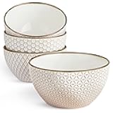 Soup Bowls, Embossed, Ceramic Bowl, for Soup, Cereal and Poke, Microwave & Dishwasher Safe, Cream with Dark Copper Accents, Set of 4, 26 oz, Narbonne Collection