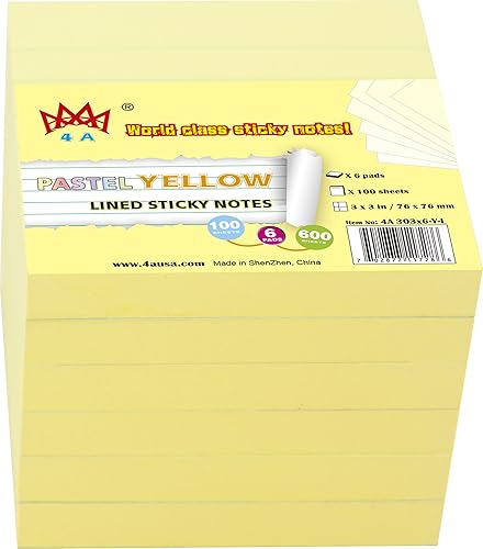 Notas adhesivas 4A, 3 x 3 pulgadas, amarillo canario, forradas, notas autoadhesivas, 100 hojasbloc, 6 blocs por paquete, 4A 303x6-Y-L