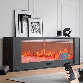 Homary 71" Electric Fireplace TV Stand for TVs Up to 75+ Inch, Marble Veneer Media Console with Remote Control, Entertainment Center with 57.1 Electric Fireplace MDF, Black