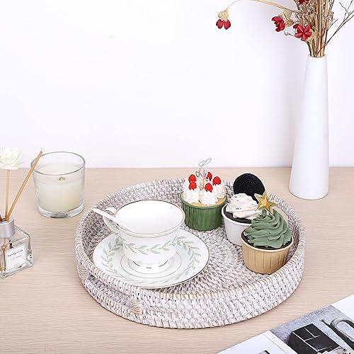 Vista 47 de Hipiwe Bandeja redonda de ratán con asas, bandeja organizadora decorativa tejida a mano para almacenamiento de bebidas de desayuno, aperitivos